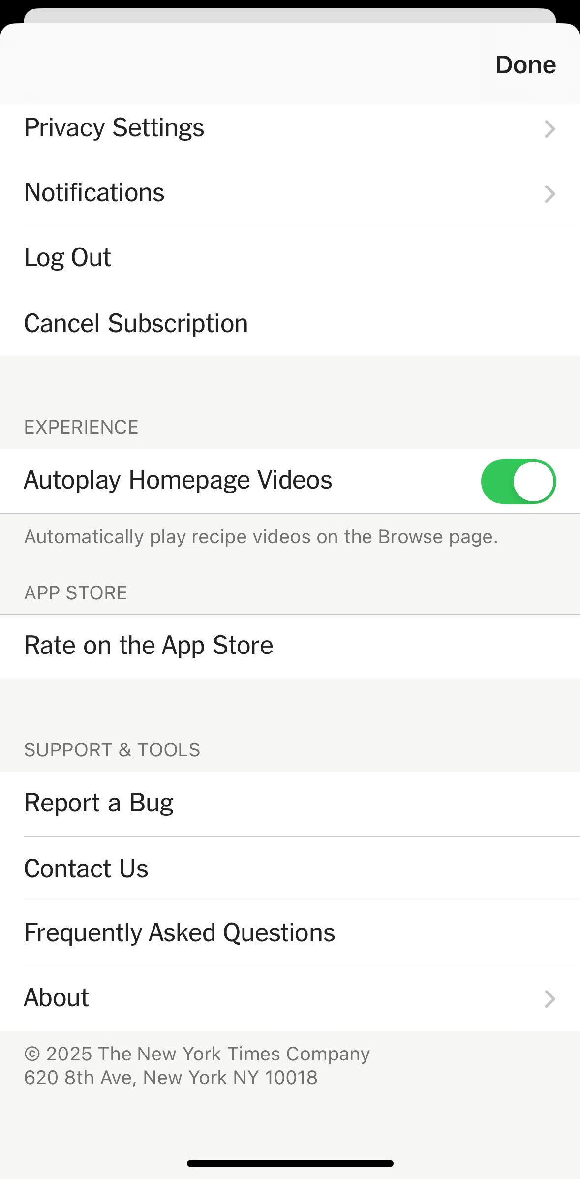 NYT Cooking Screen screen in the Terms of service flow