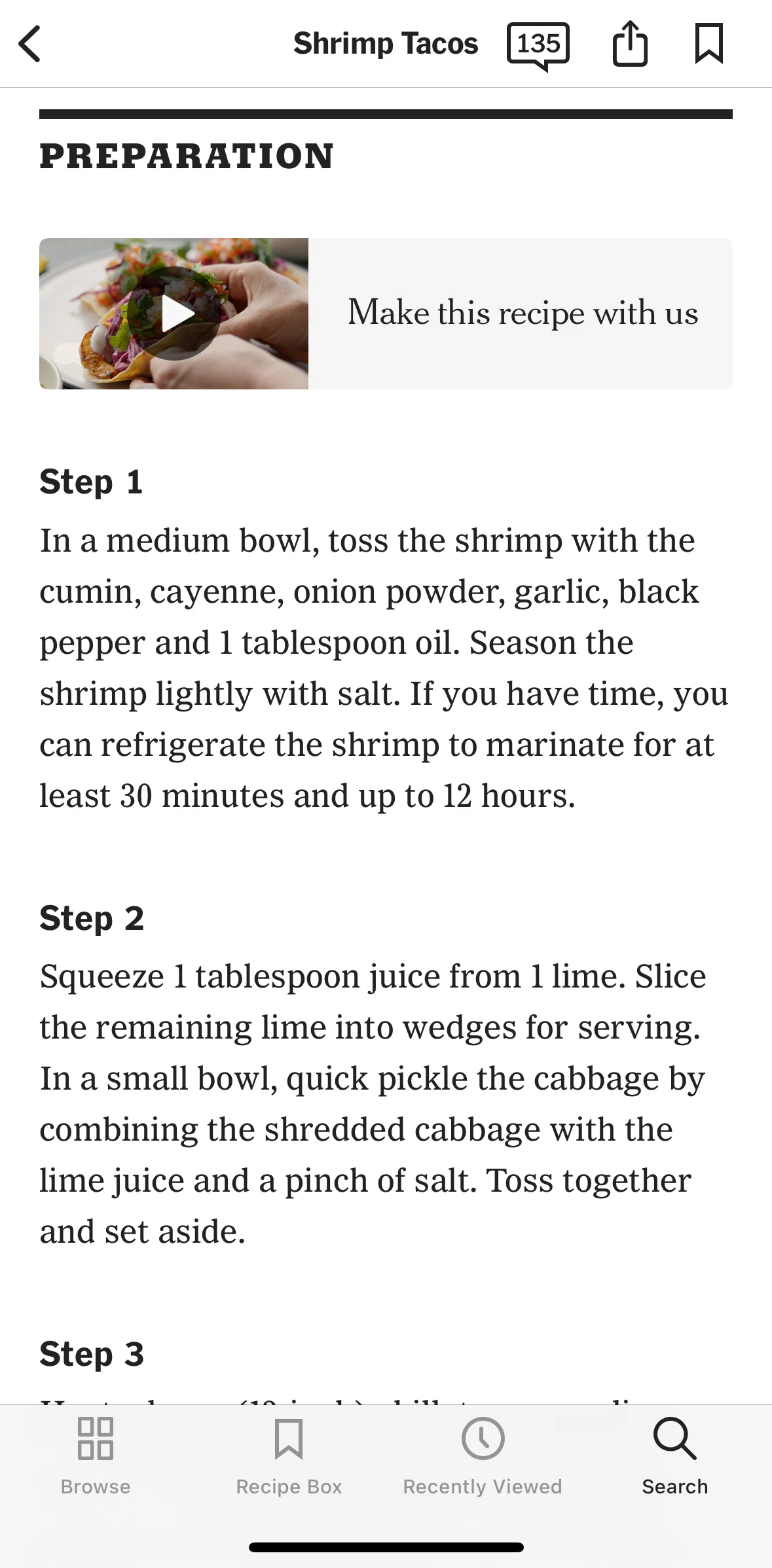 NYT Cooking Screen screen in the Watching a cooking video (recipe detail) flow