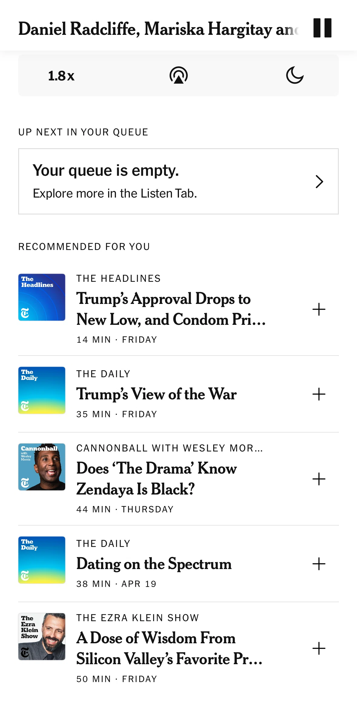 NYTimes Screen screen in the Adding episodes to queue flow