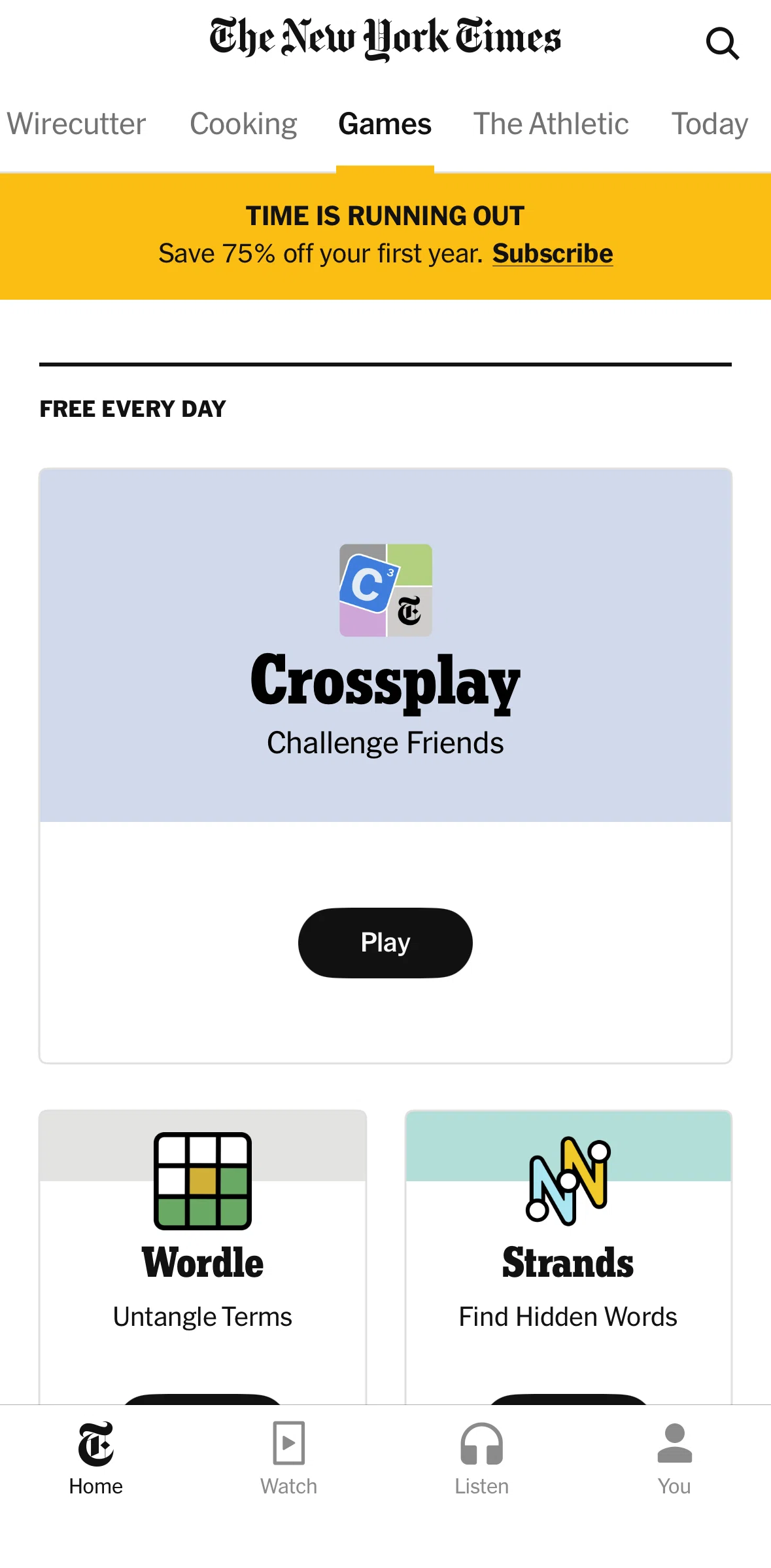 NYTimes Screen screen in the Games flow