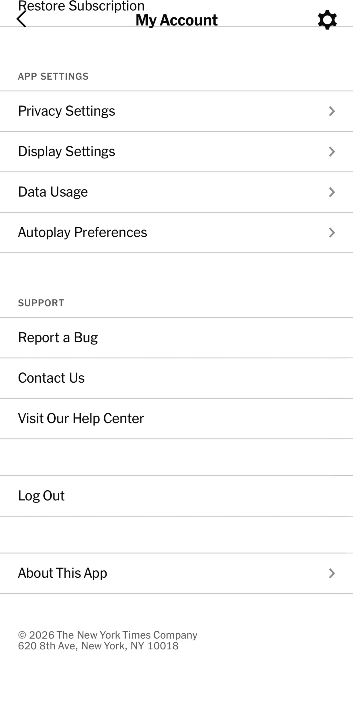 NYTimes Screen screen in the Logging out flow