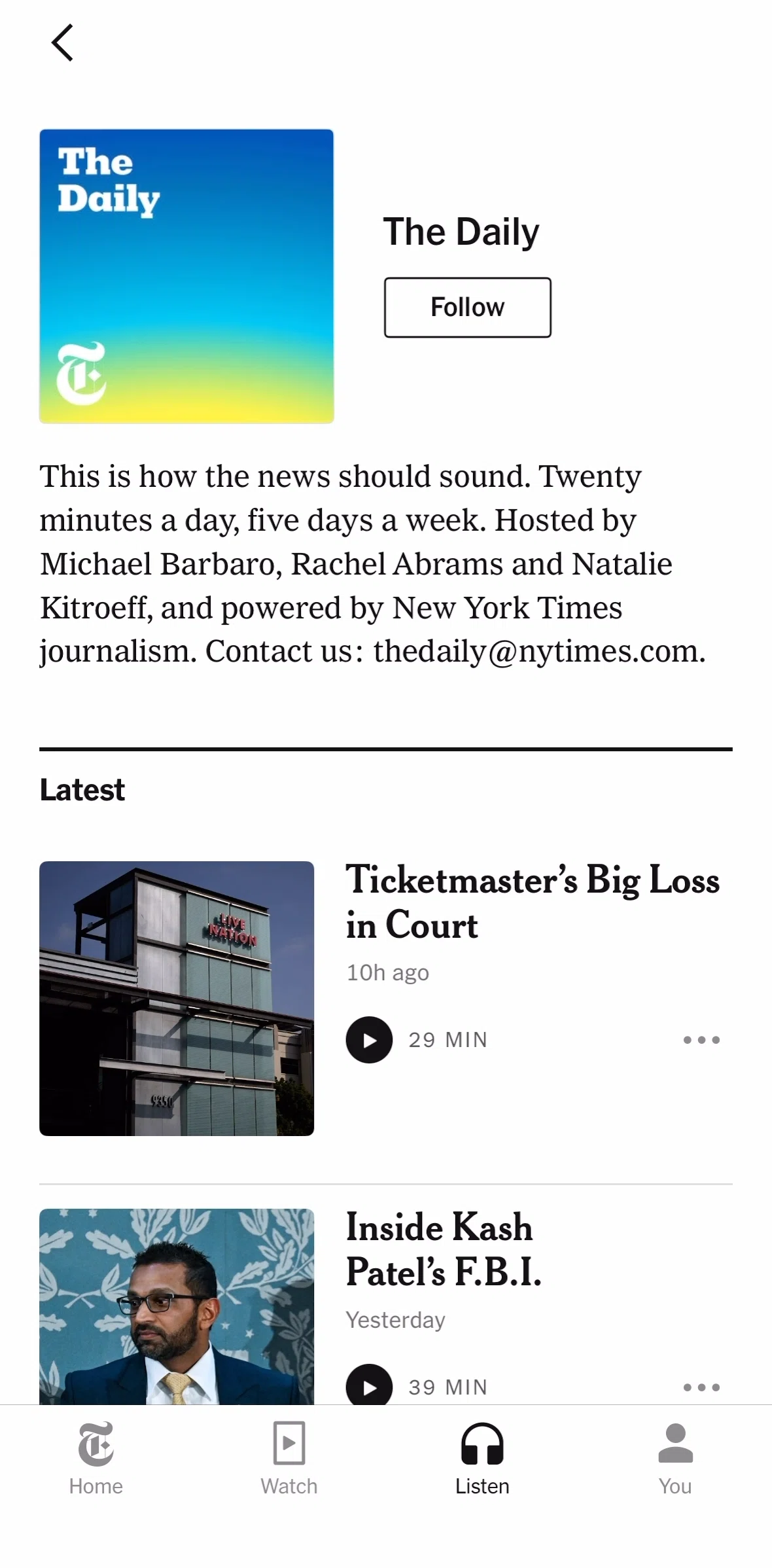 NYTimes Screen screen in the Playing an episode flow