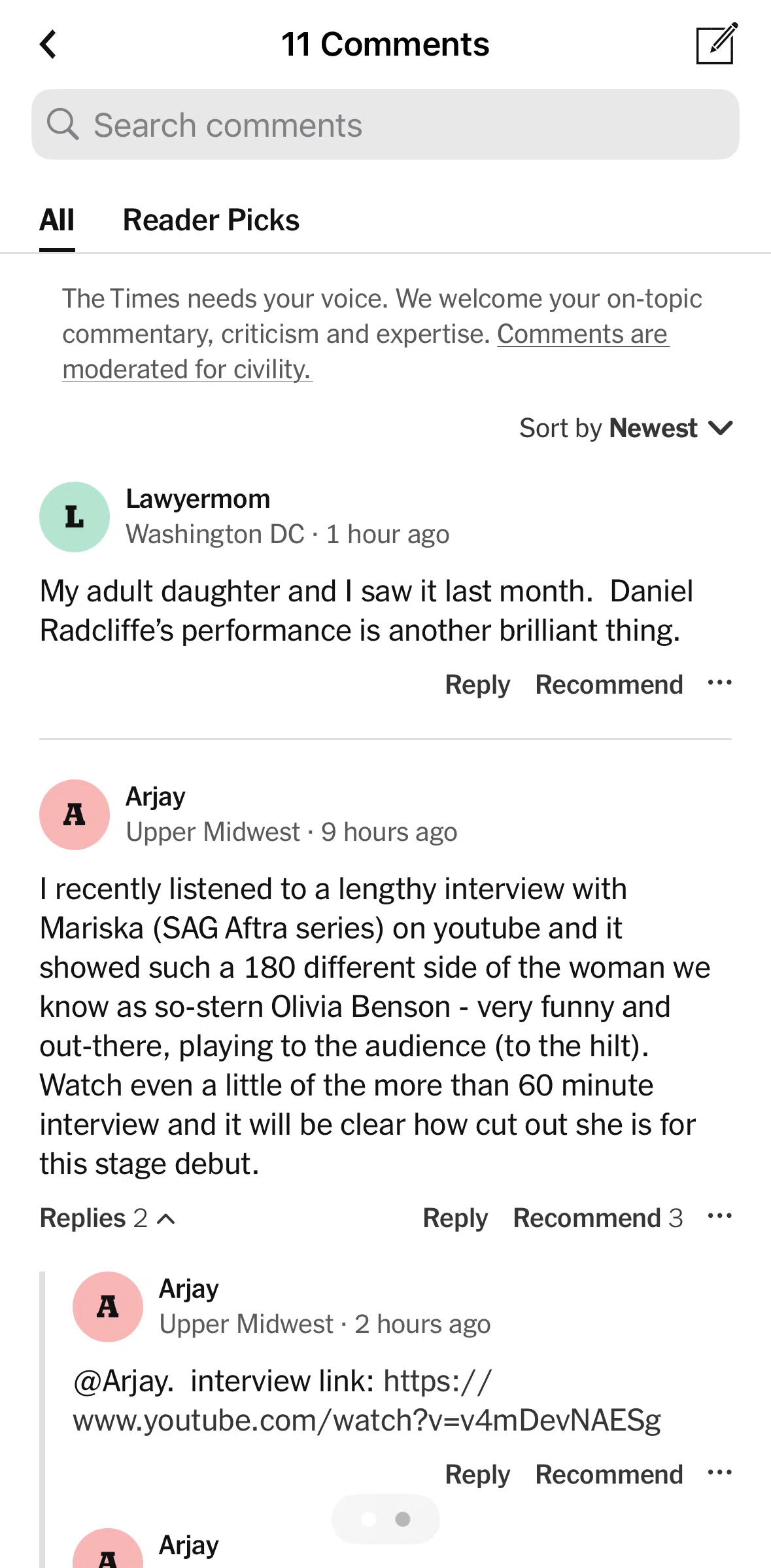 NYTimes Screen screen in the Searching comments flow
