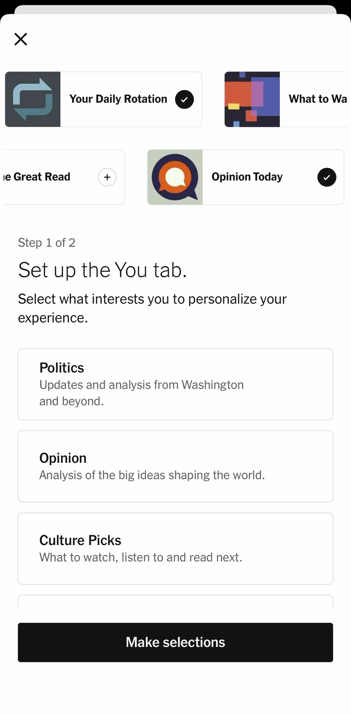 NYTimes Screen screen in the Setting up You flow