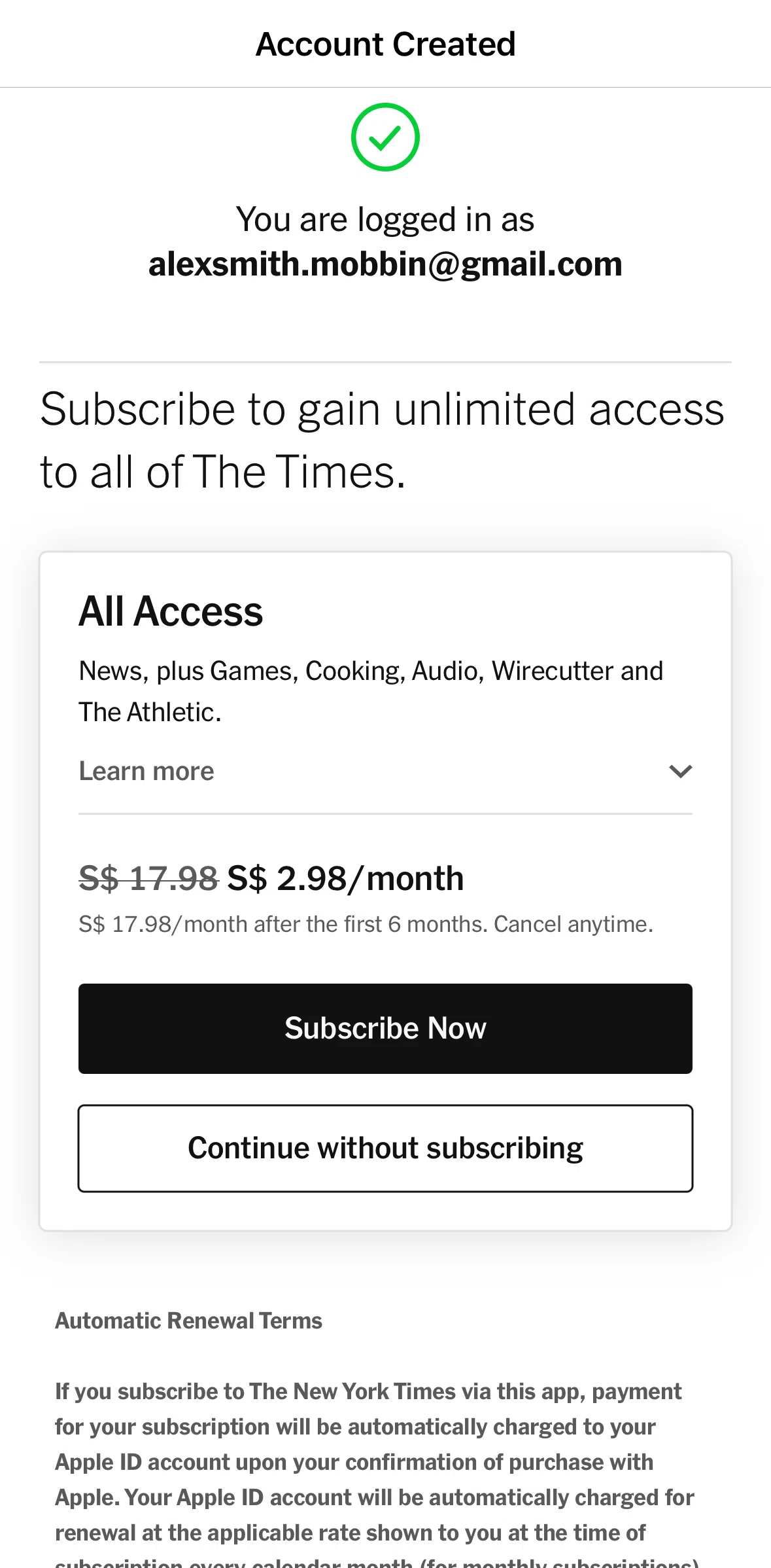 NYTimes Screen screen in the Subscribing to All Access flow