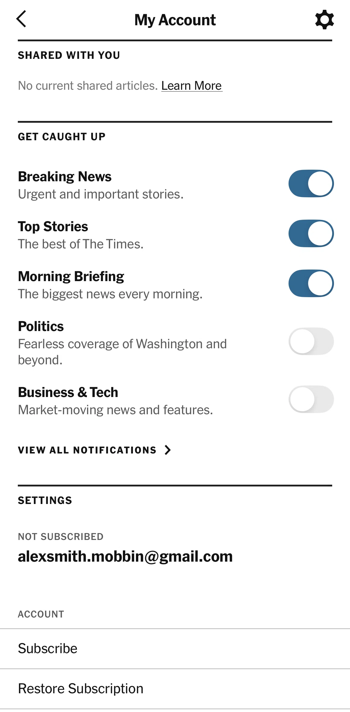 NYTimes Screen screen in the Turning on notifications flow