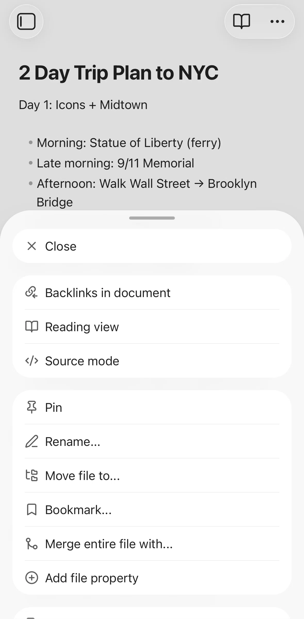 Obsidian Screen screen in the Adding a bookmark flow