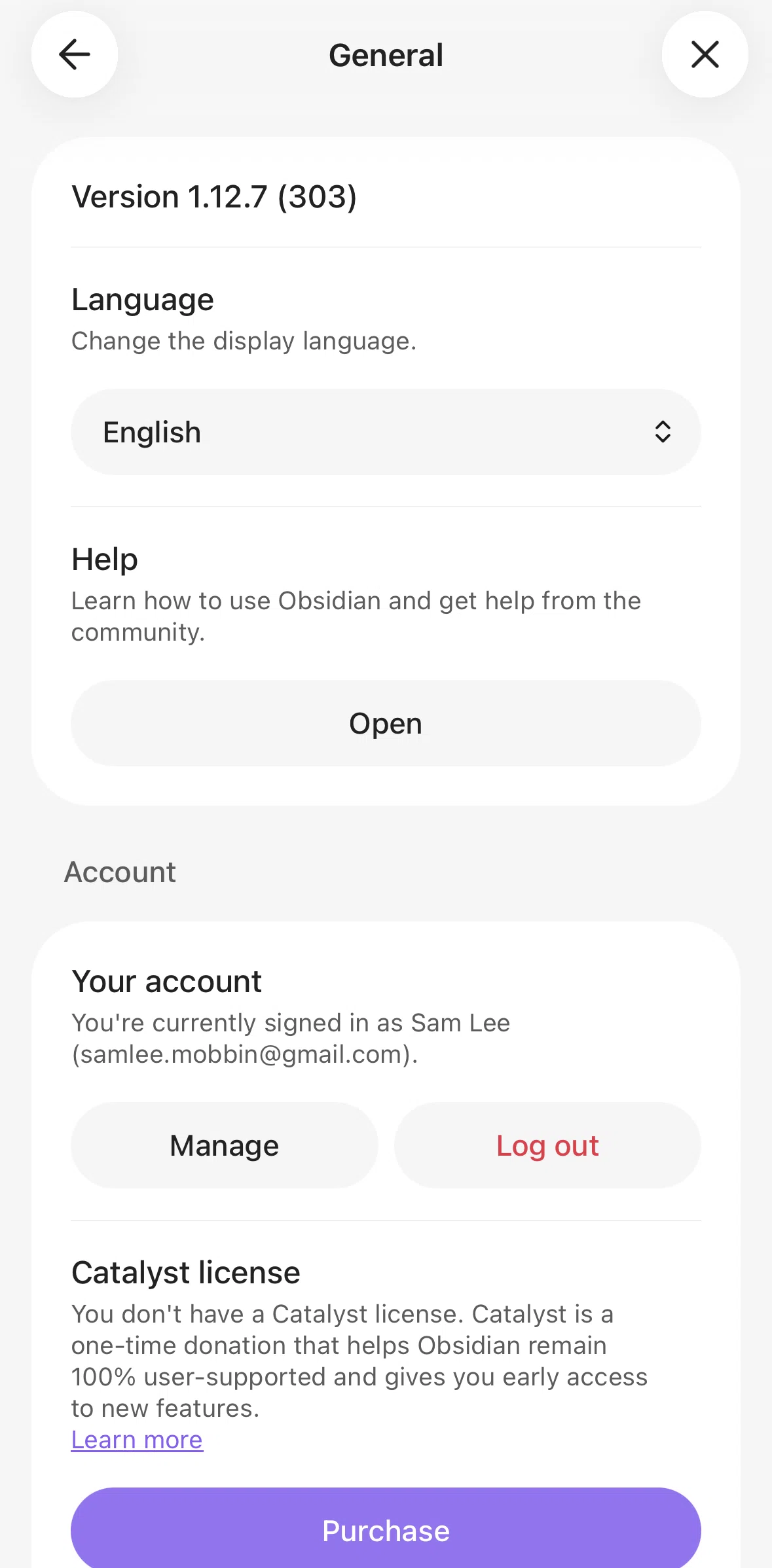 Obsidian Screen screen in the Changing language (settings) flow