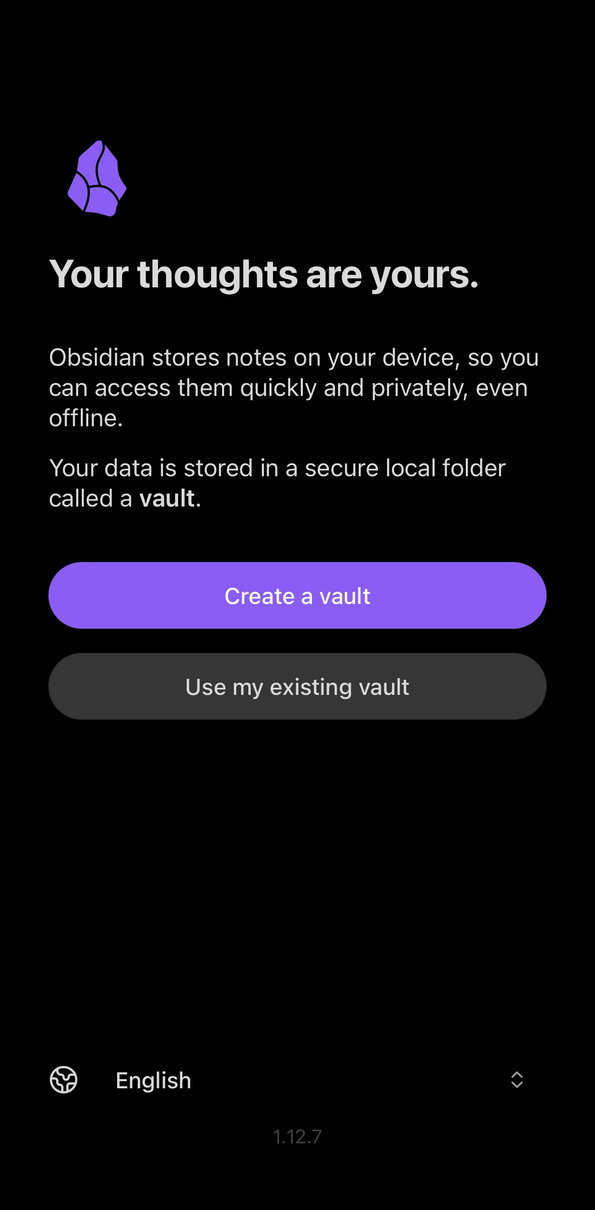Obsidian Screen screen in the Changing language flow