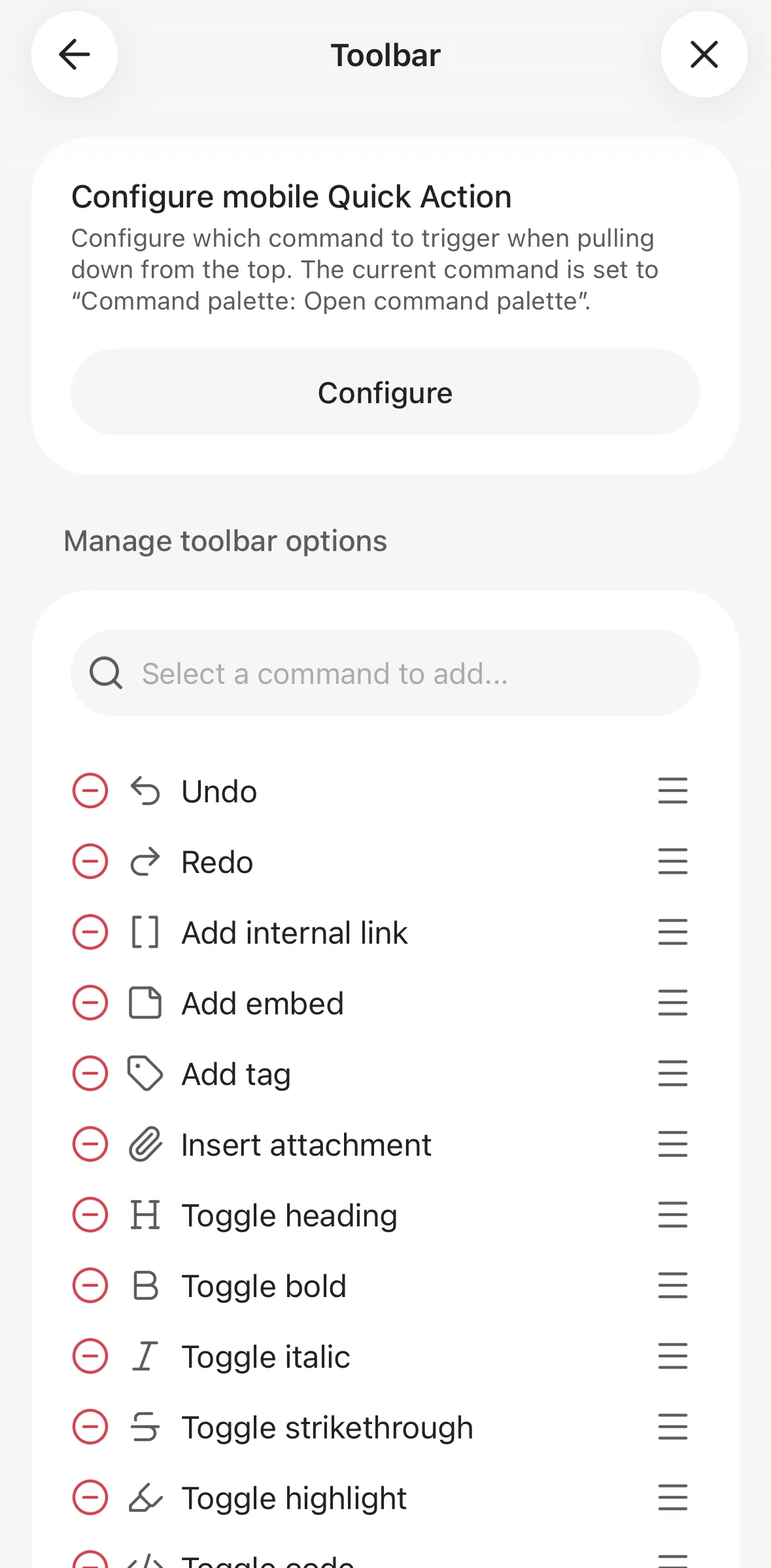Obsidian Screen screen in the Configuring a quick action flow