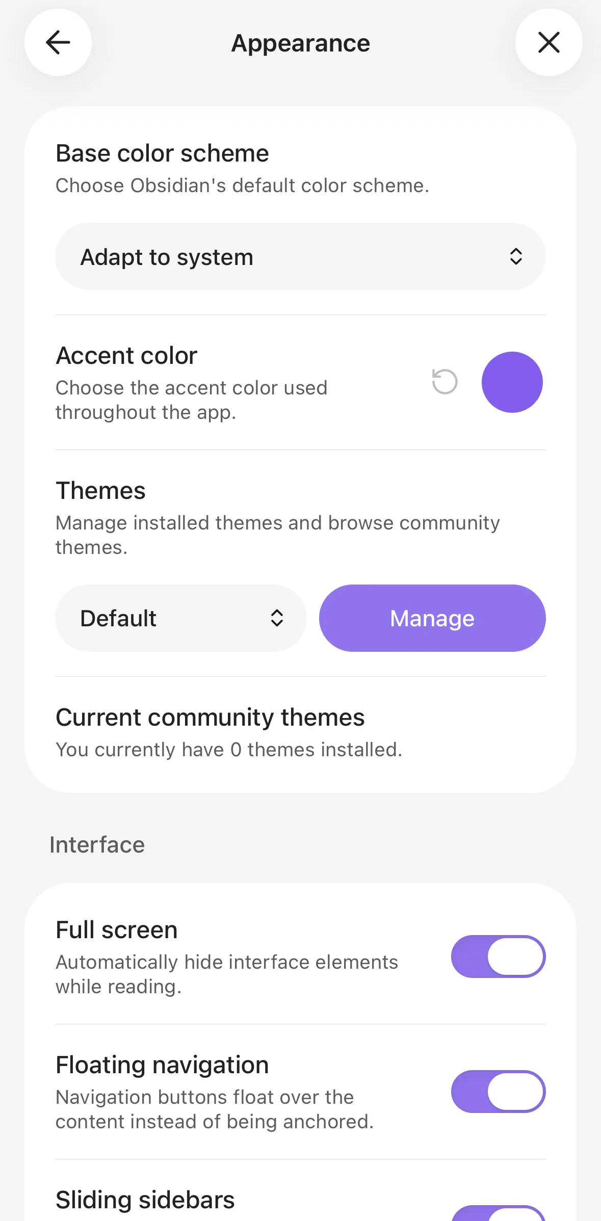 Obsidian Screen screen in the Downloading a theme flow