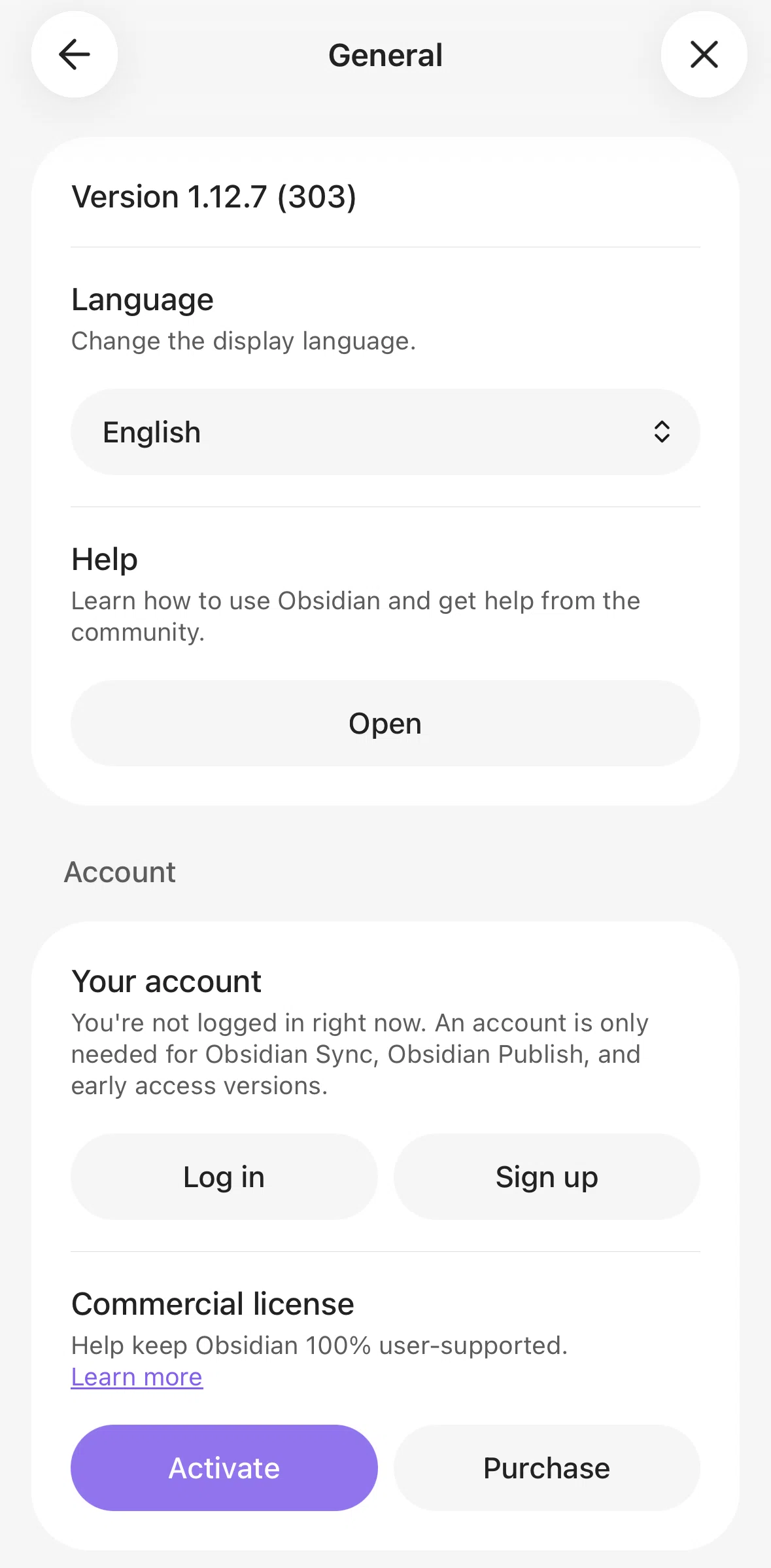 Obsidian Screen screen in the Logging in flow