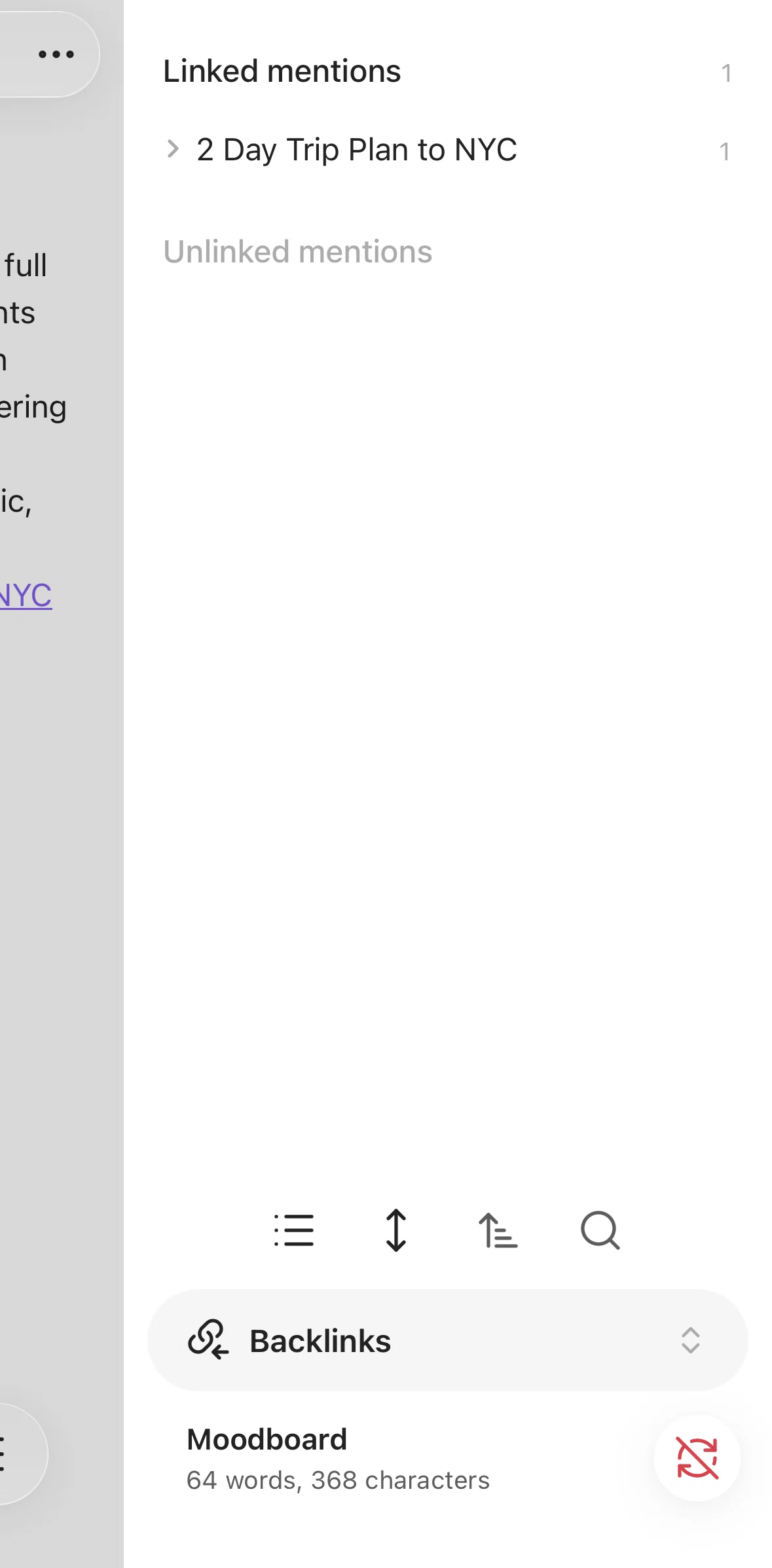 Obsidian Screen screen in the Showing backlink outline flow
