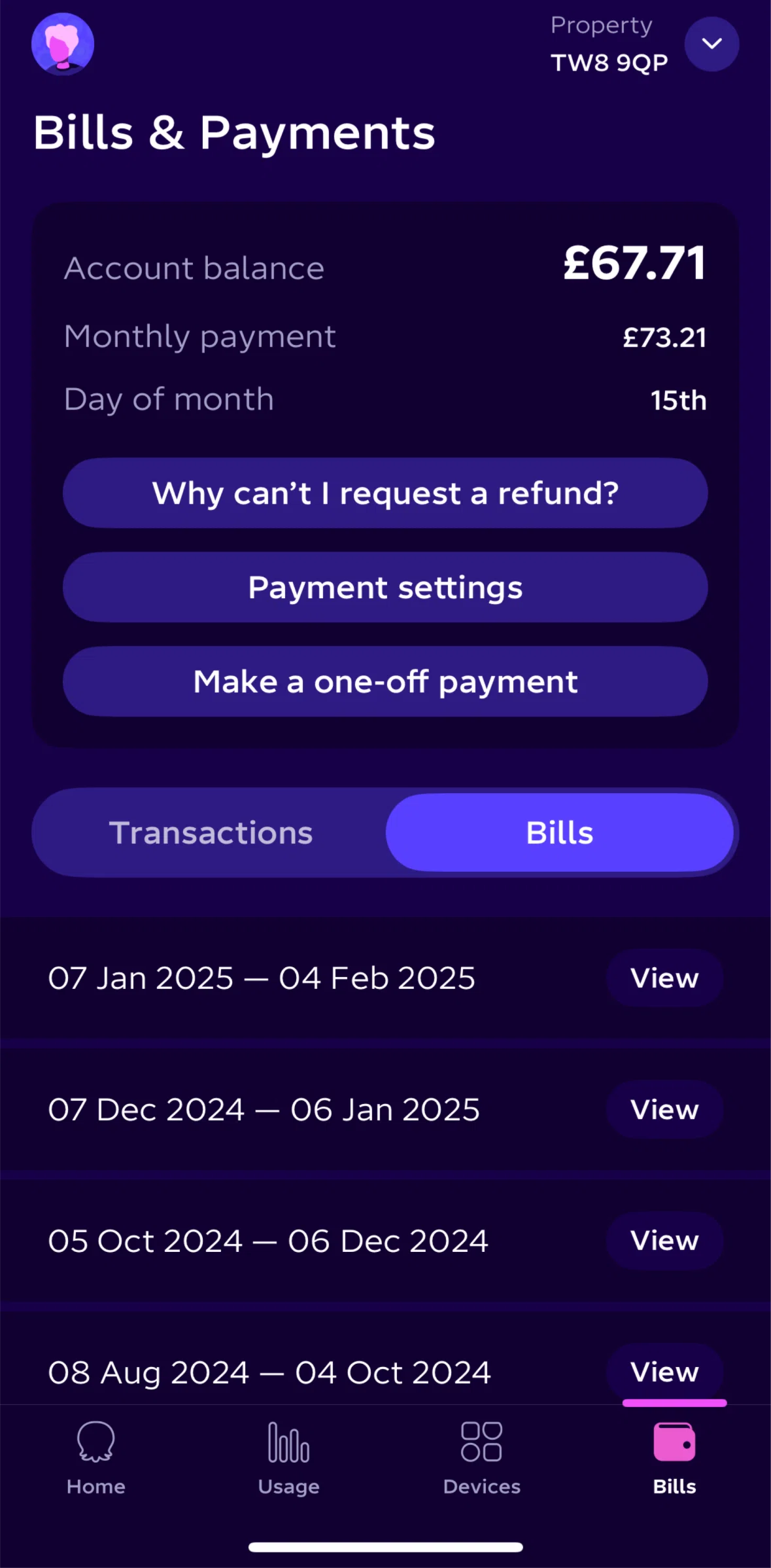 Octopus Energy Screen screen in the Bill detail flow