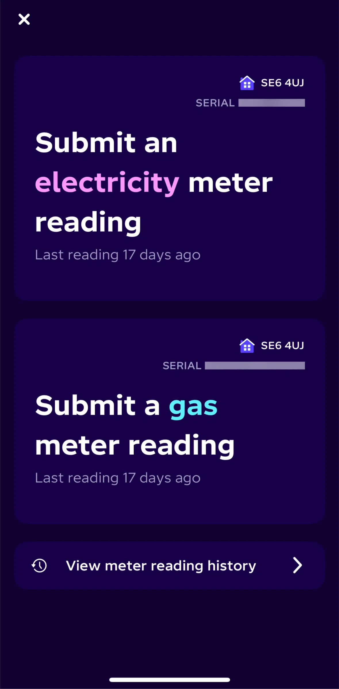 Octopus Energy Screen screen in the Submit an electricity meter reading (previous billing) flow