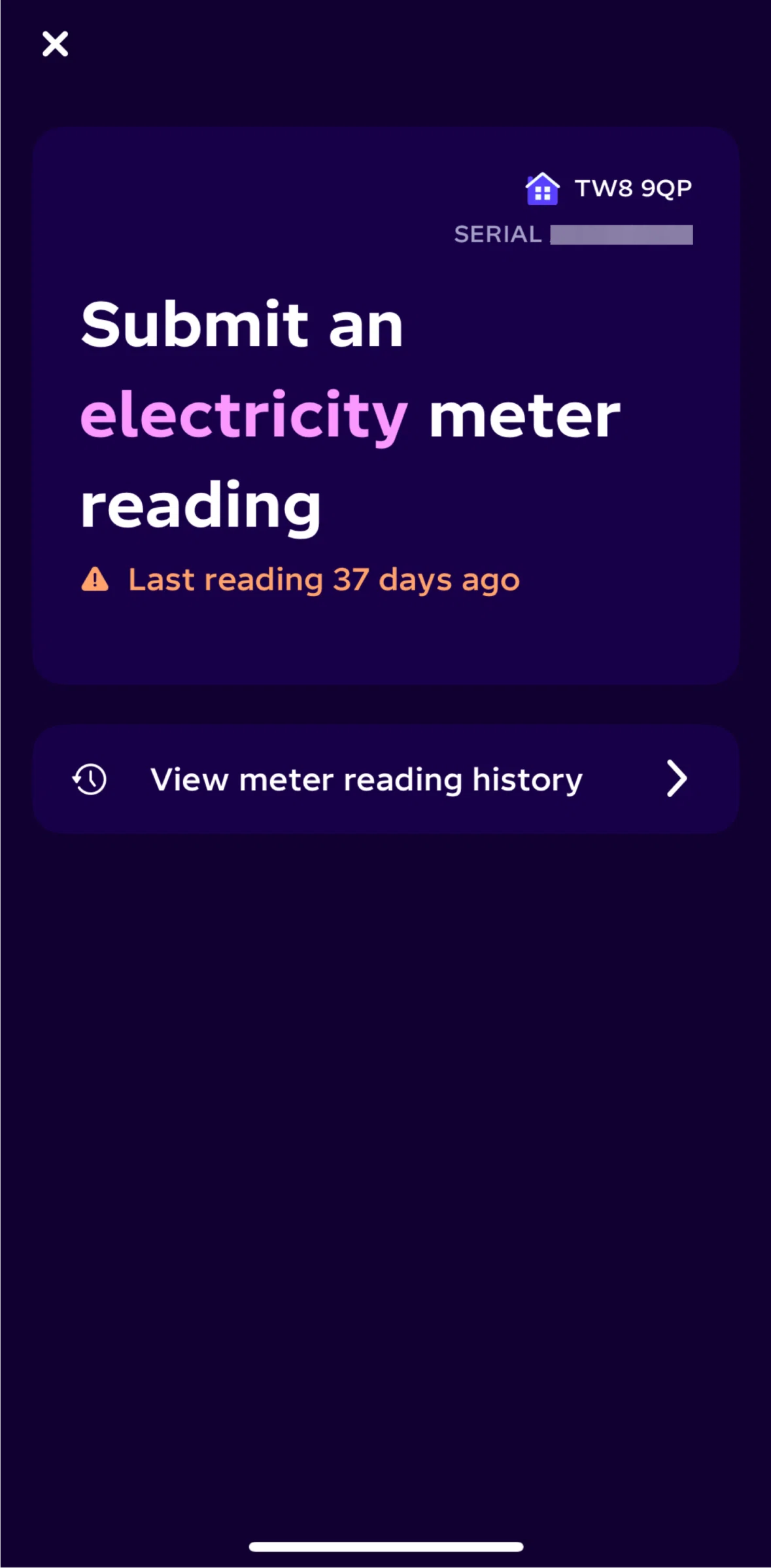 Octopus Energy Screen screen in the Submitting an electricity meter reading (first reading) flow
