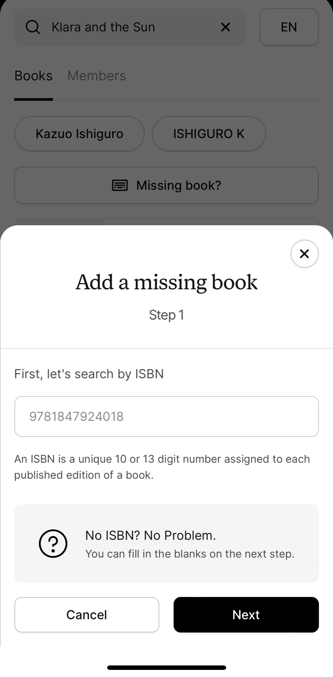 Oku Screen screen in the Adding missing book manually flow