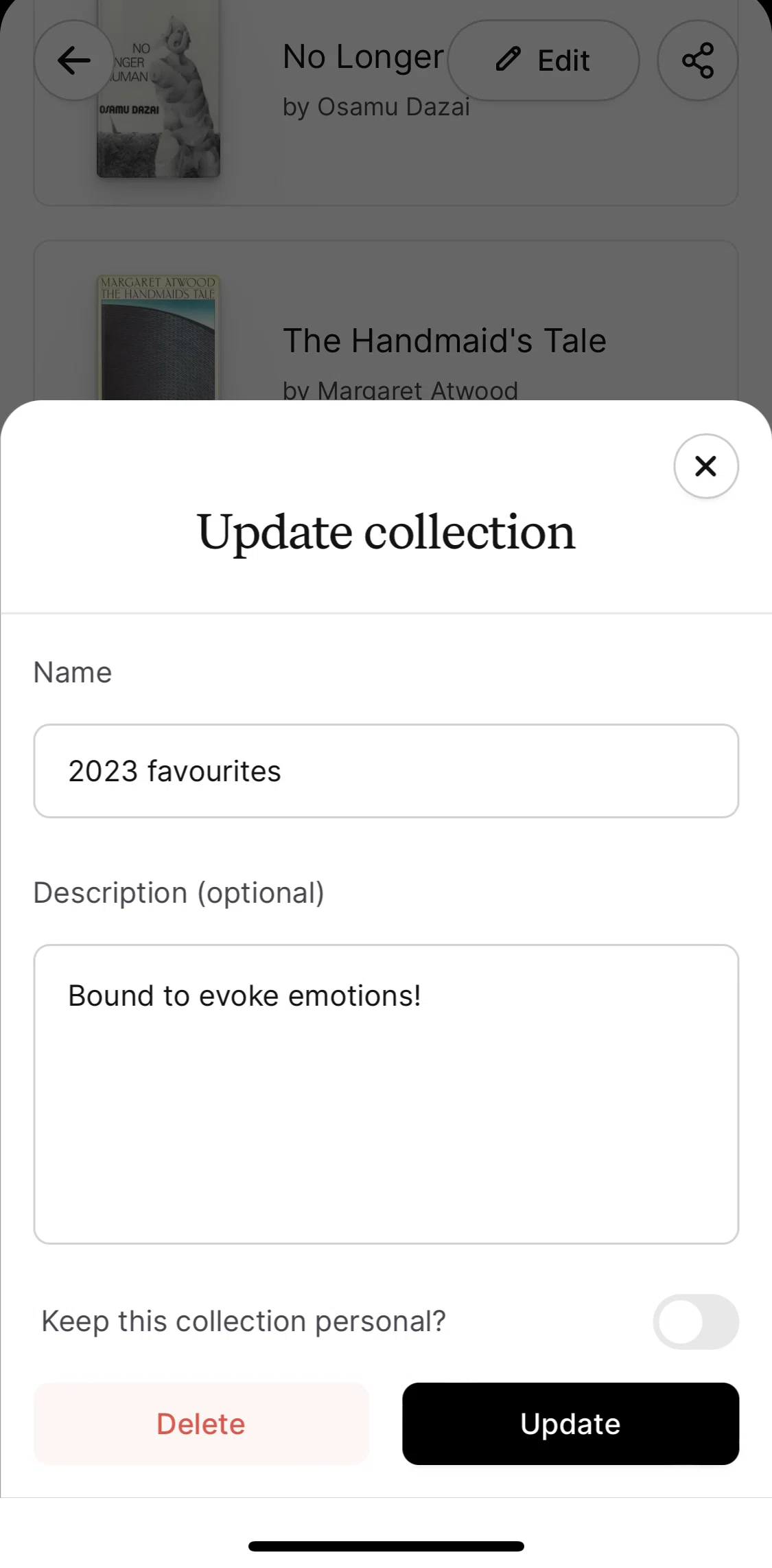 Oku Screen screen in the Deleting collection flow