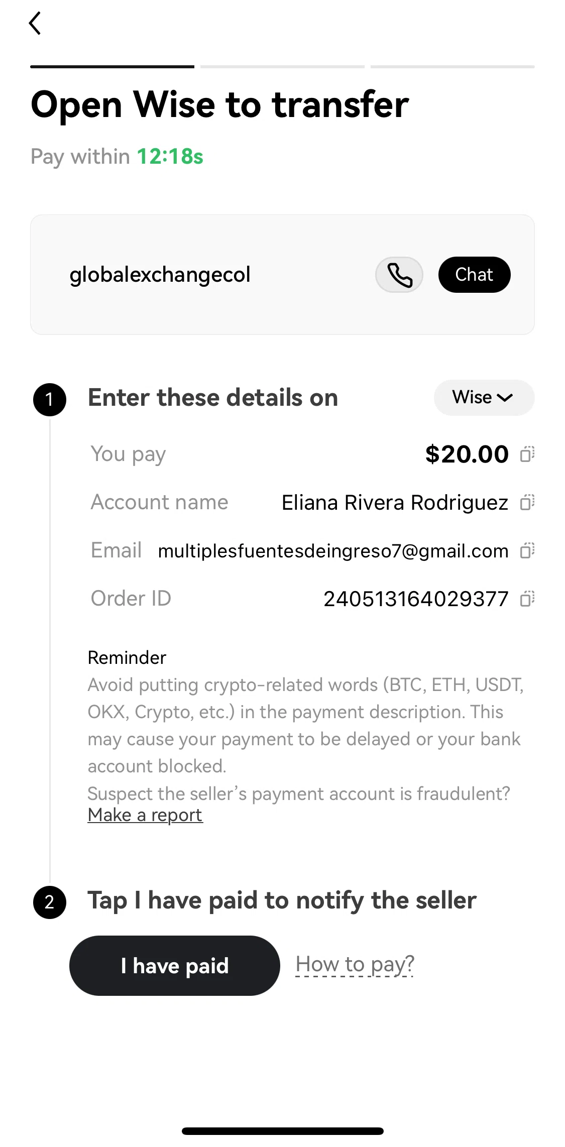 Okx Screen screen in the Completing payment flow