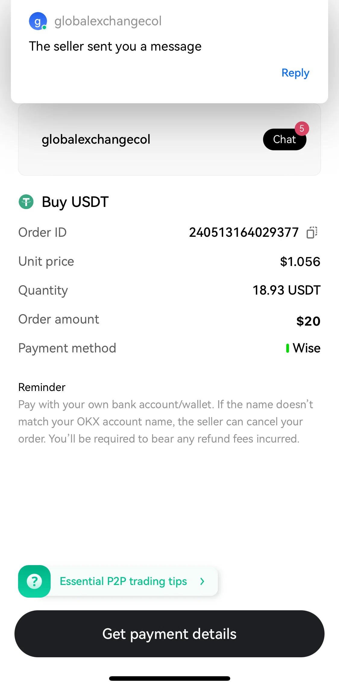 Okx Screen screen in the Payment details flow
