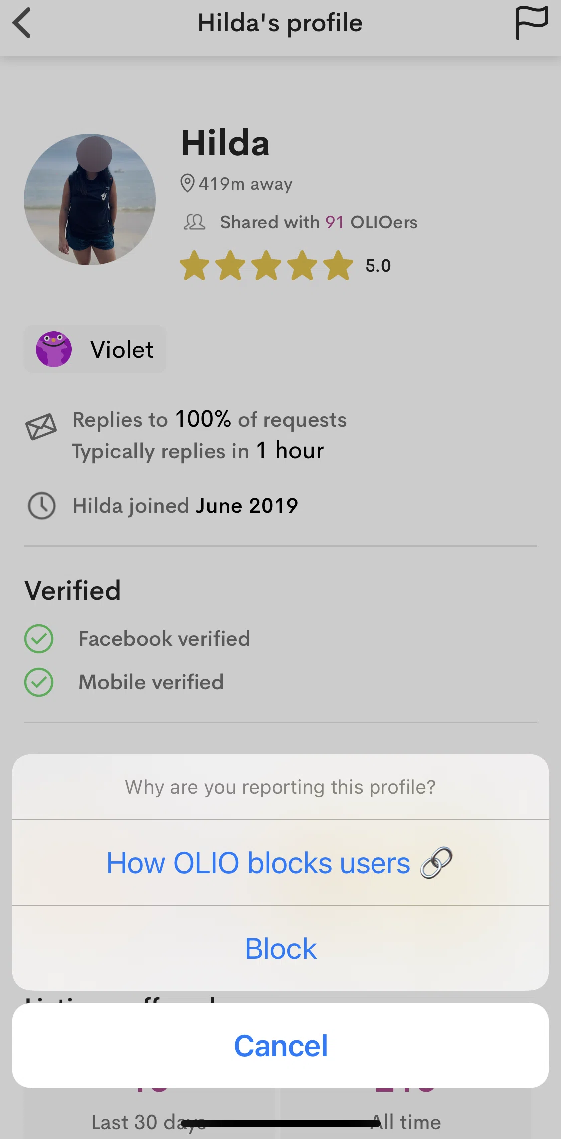 OLIO Screen screen in the Blocking users on Olio flow