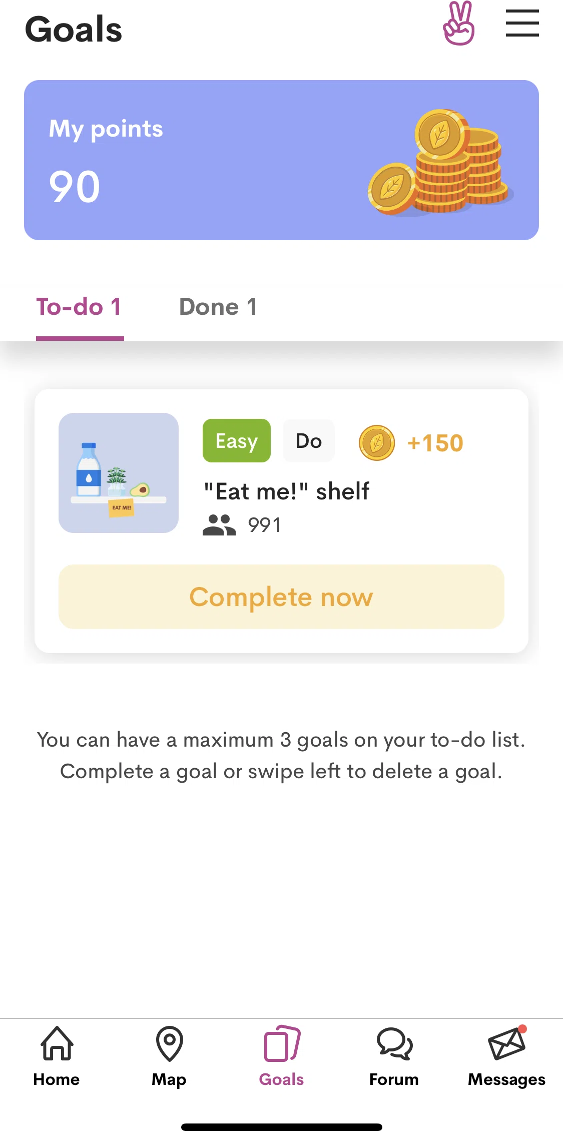 OLIO Screen screen in the Completing a goal flow