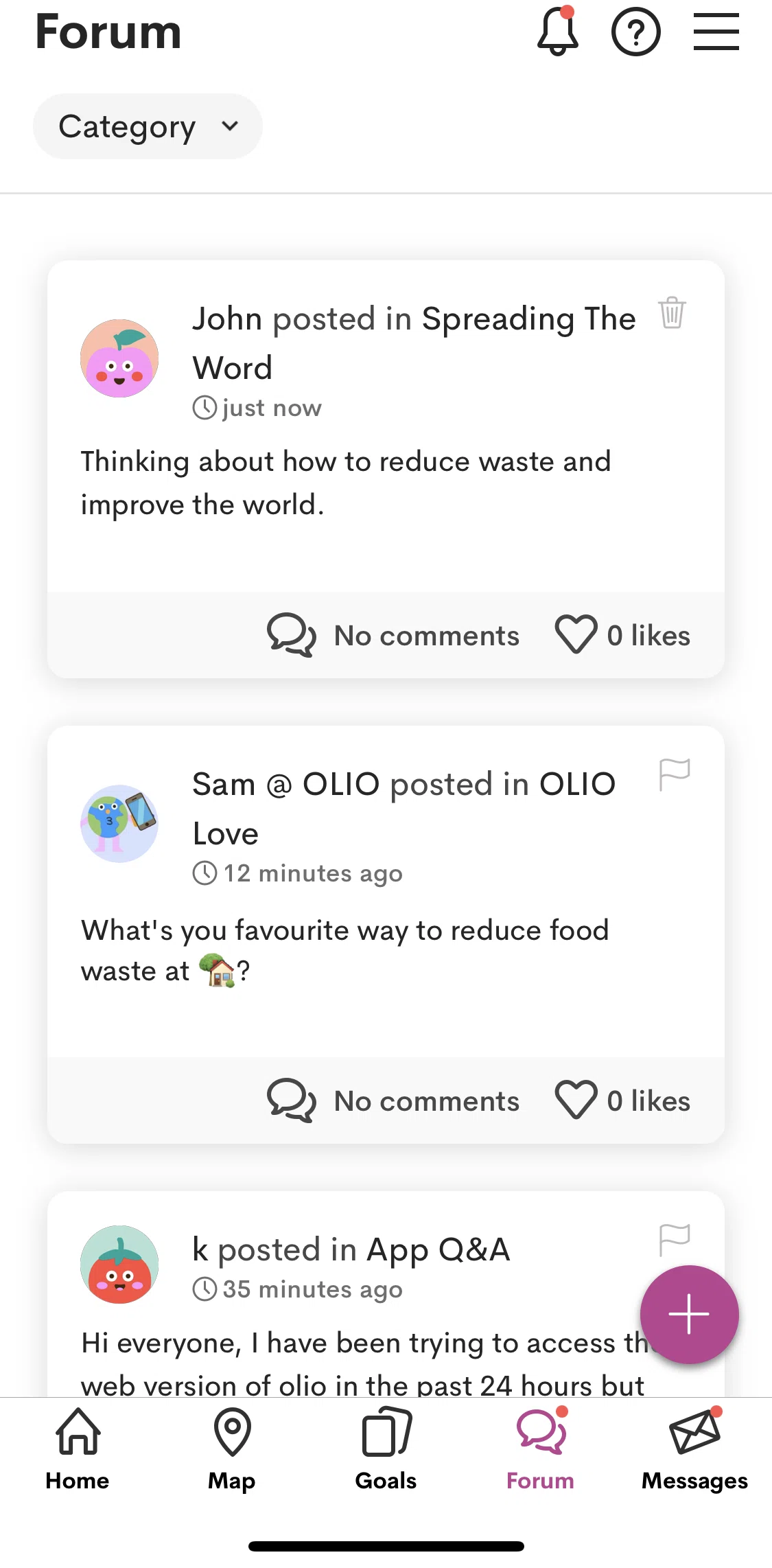 OLIO Screen screen in the Forum flow