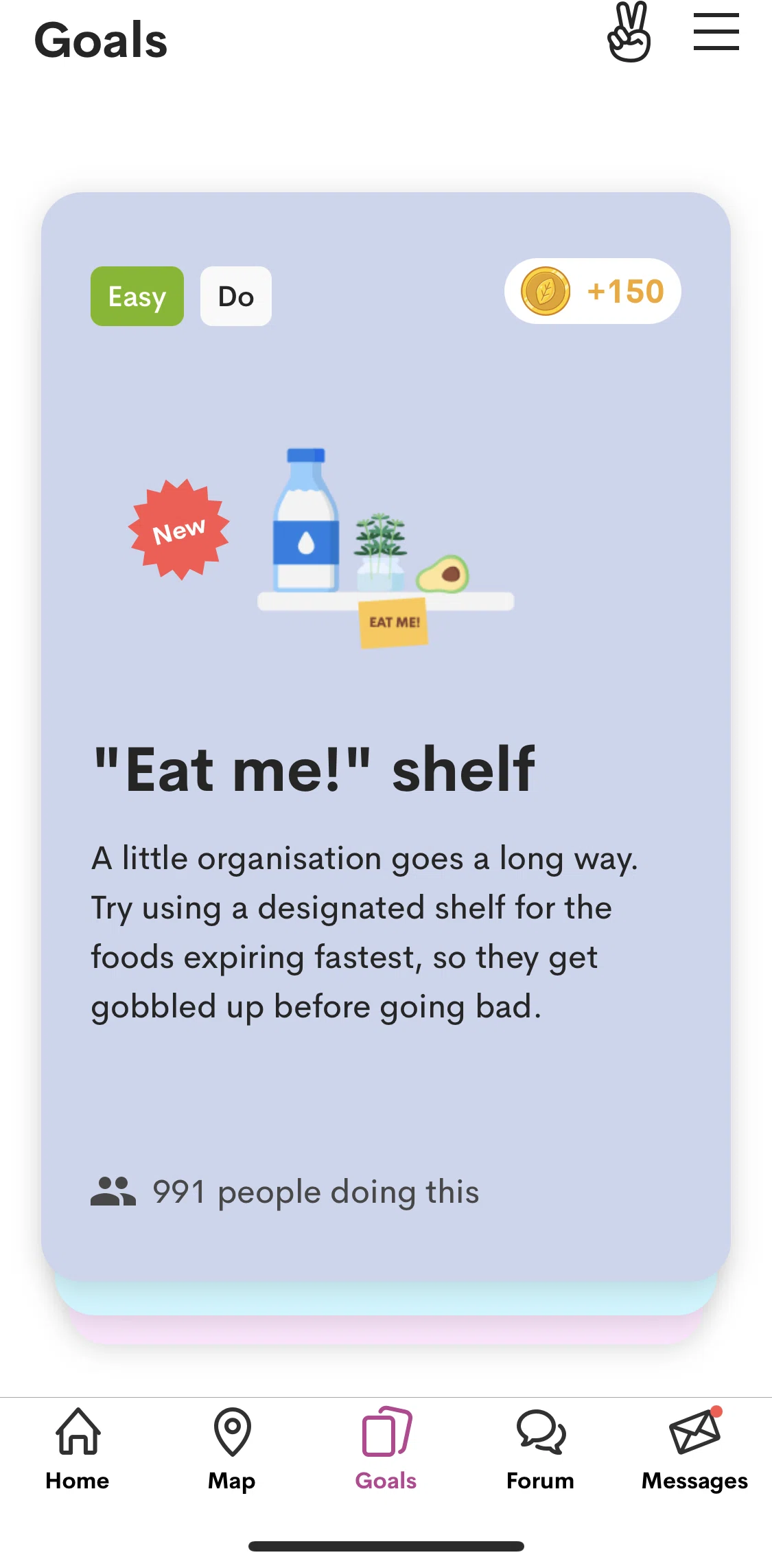 OLIO Screen screen in the Goals list flow