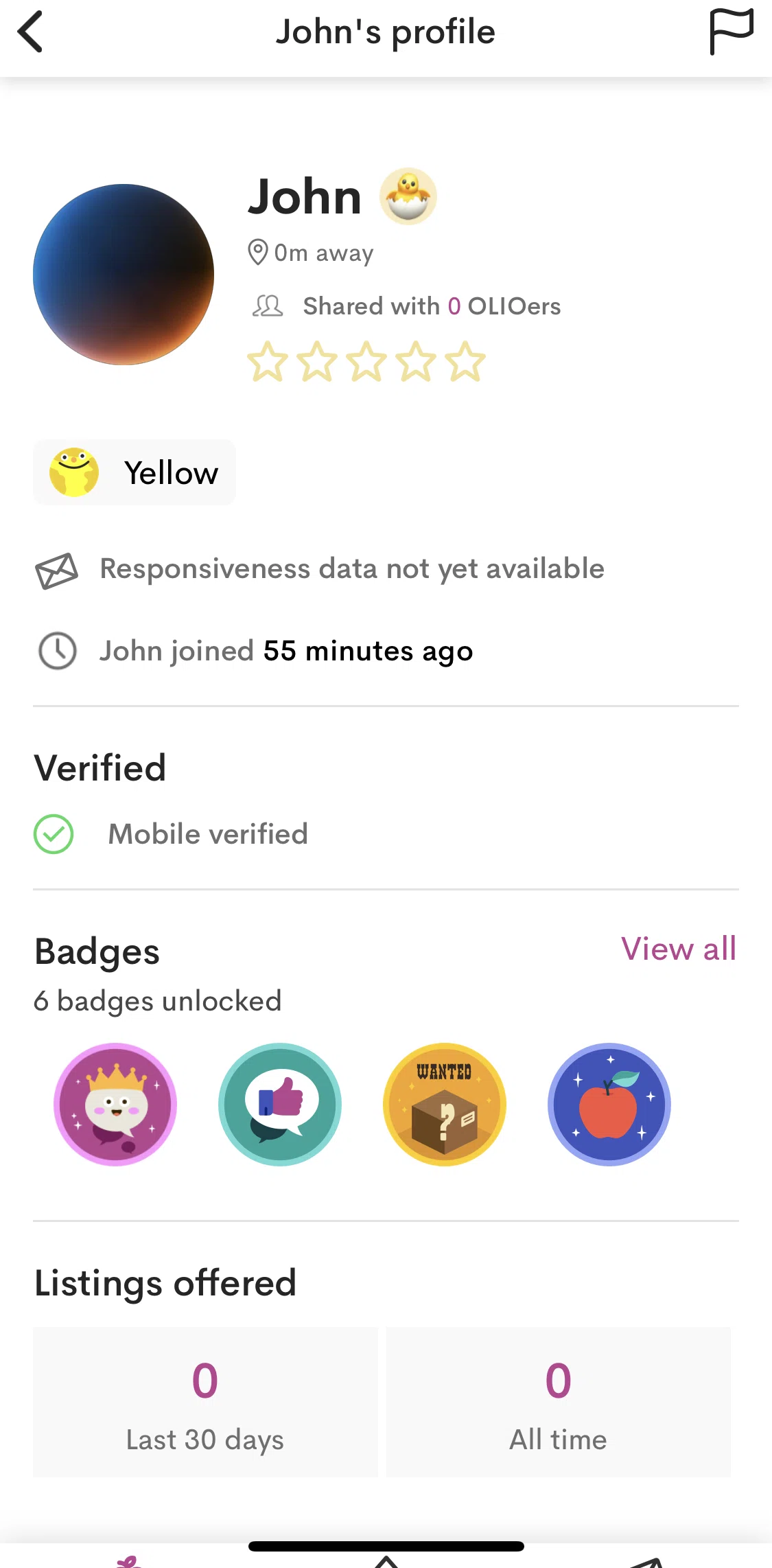 OLIO Screen screen in the Profile status flow