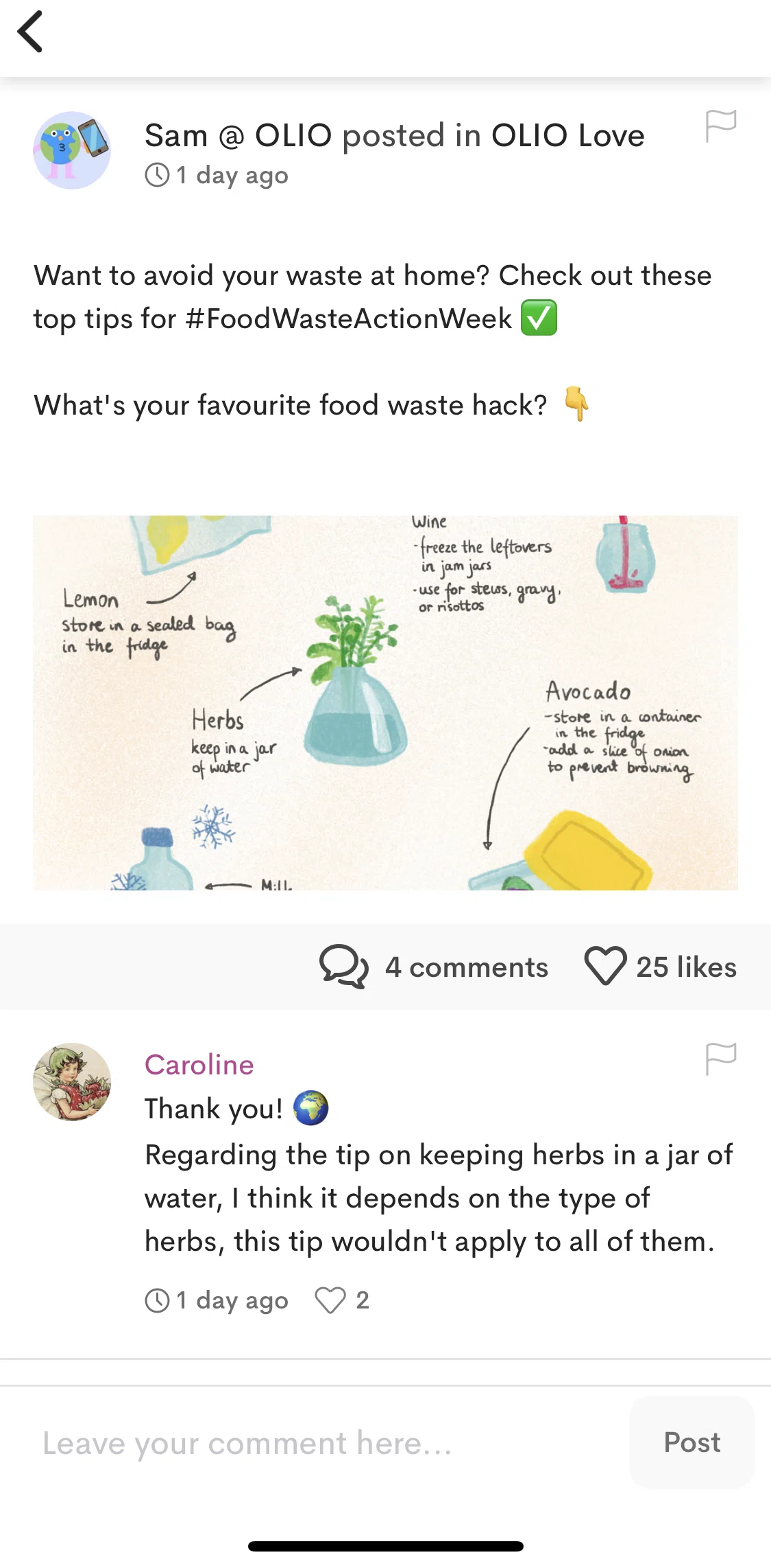 OLIO Screen screen in the Writing a comment flow