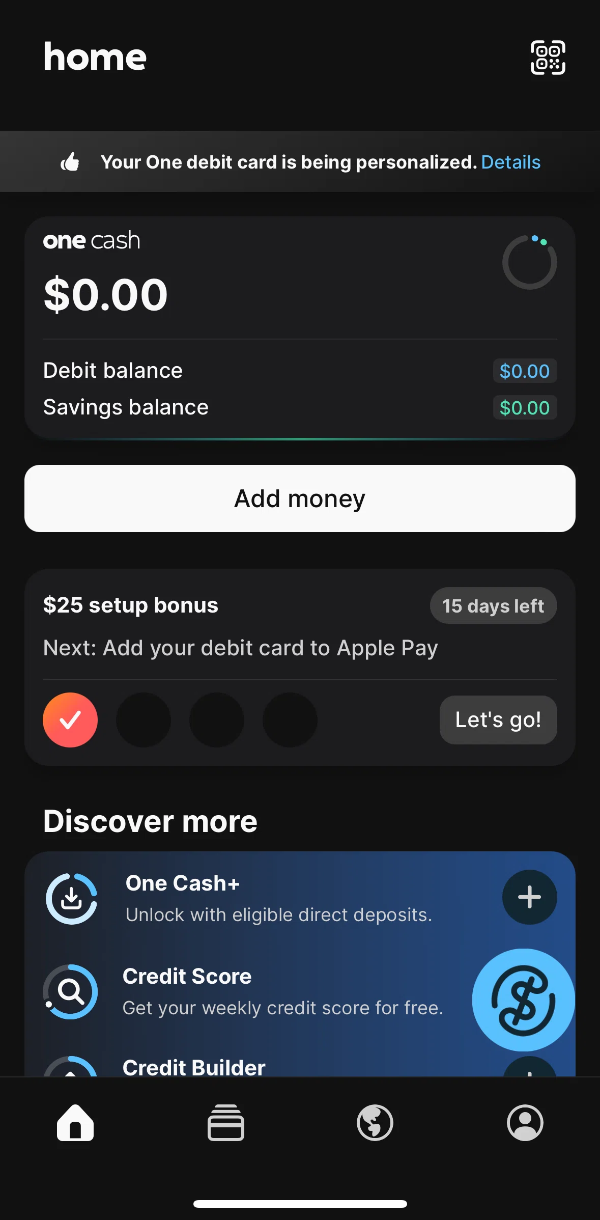 One Screen screen in the Adding money flow