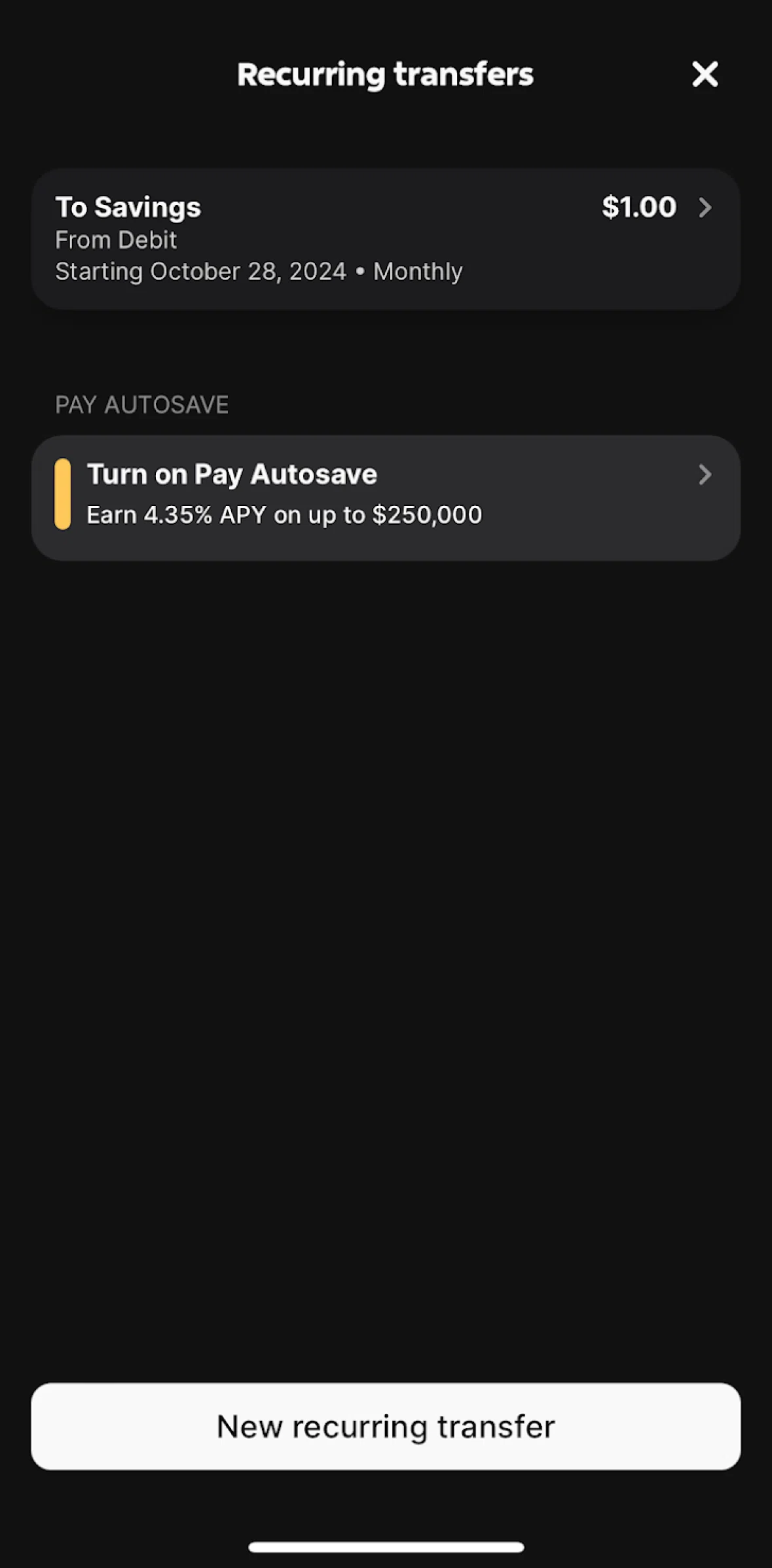 One Screen screen in the Canceling a recurring transfer flow