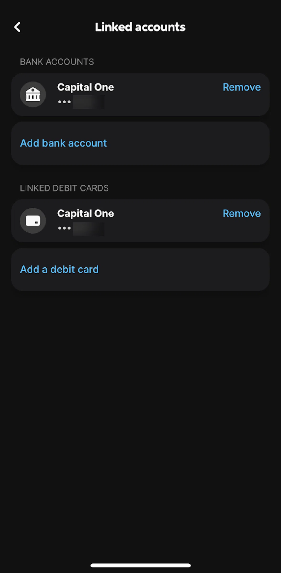 One Screen screen in the Removing a bank account flow