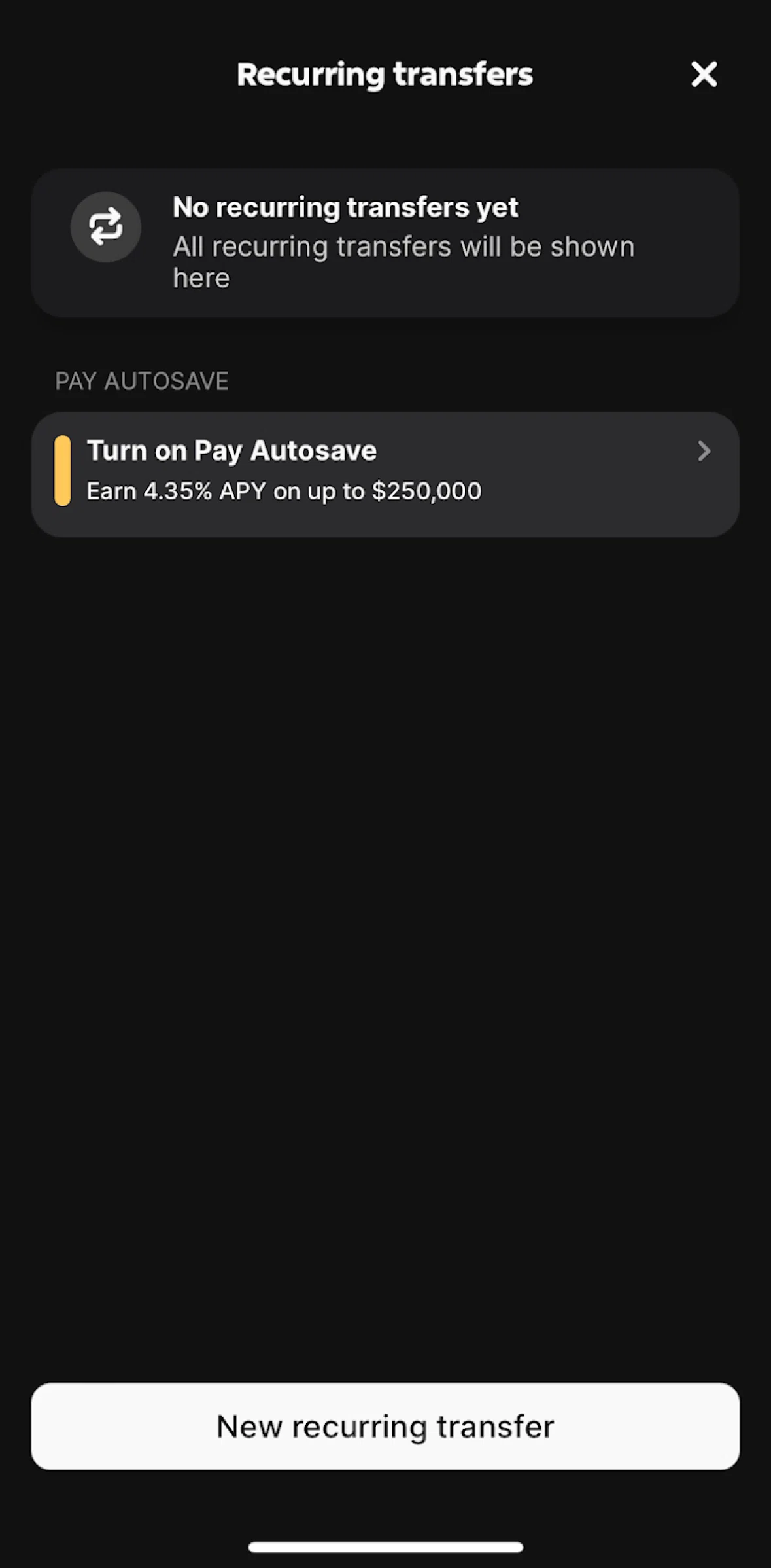 One Screen screen in the Schedule a recurring transfer flow