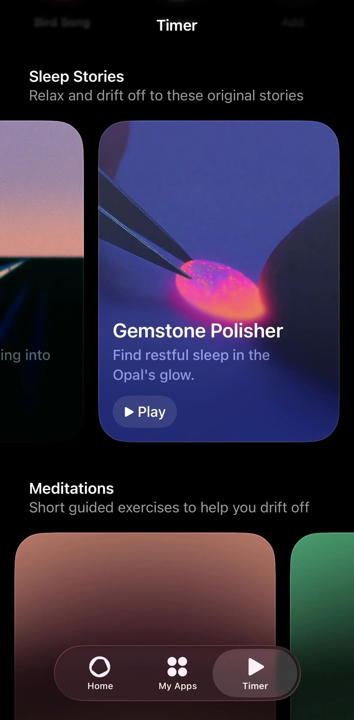 Opal Screen screen in the Listening to a sleep story flow