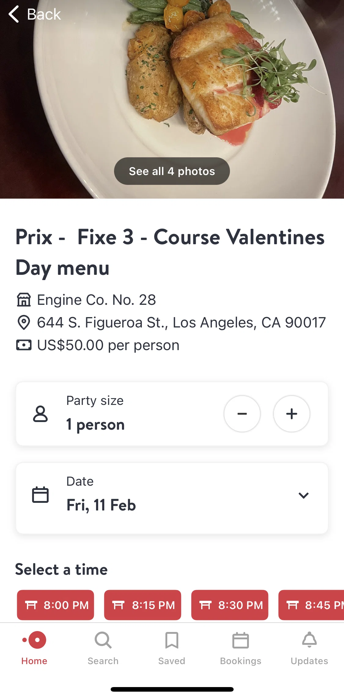 Open Table Screen 1 screen in the Booking an experience flow