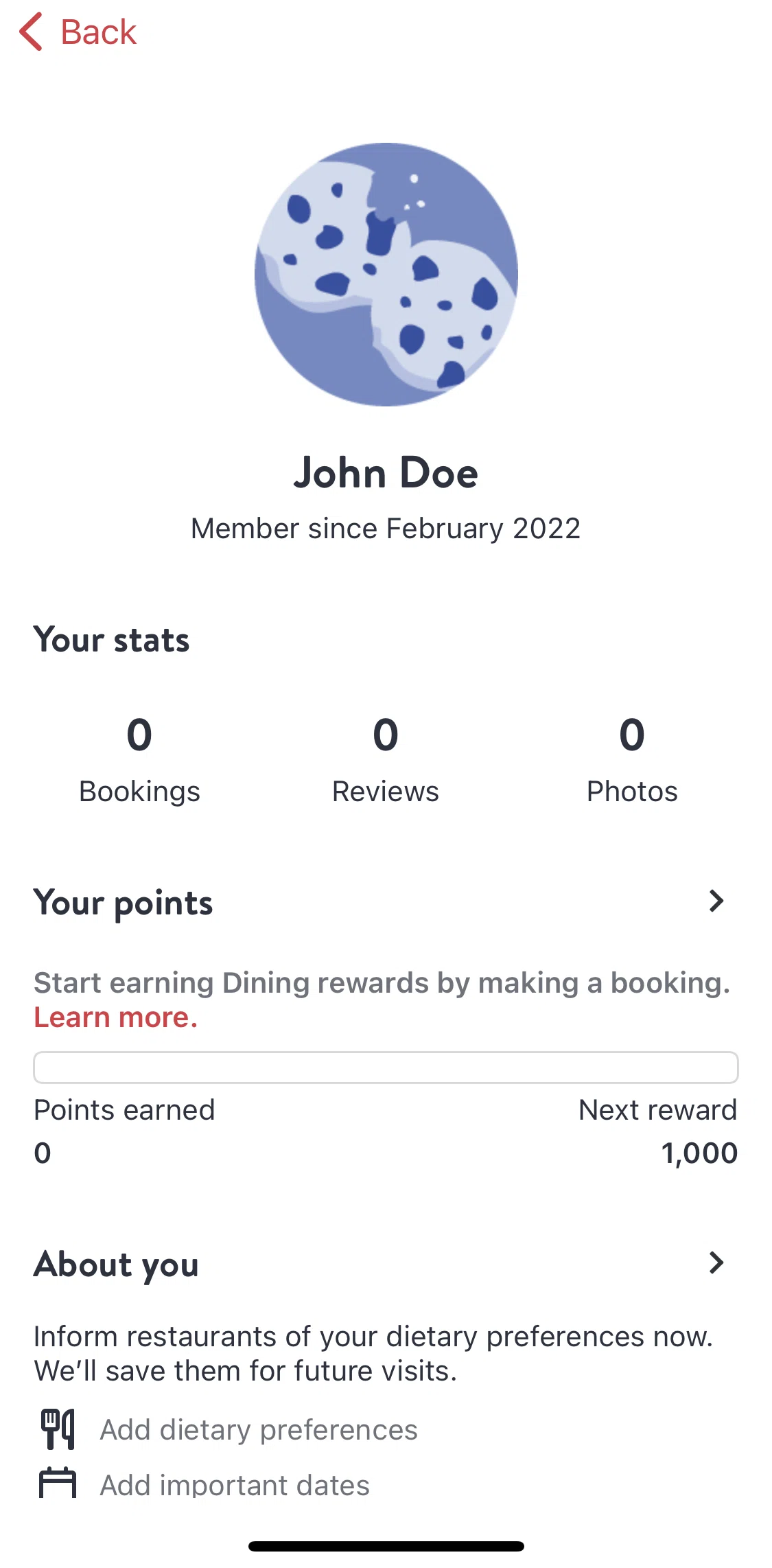 Open Table Screen 1 screen in the Dining rewards flow