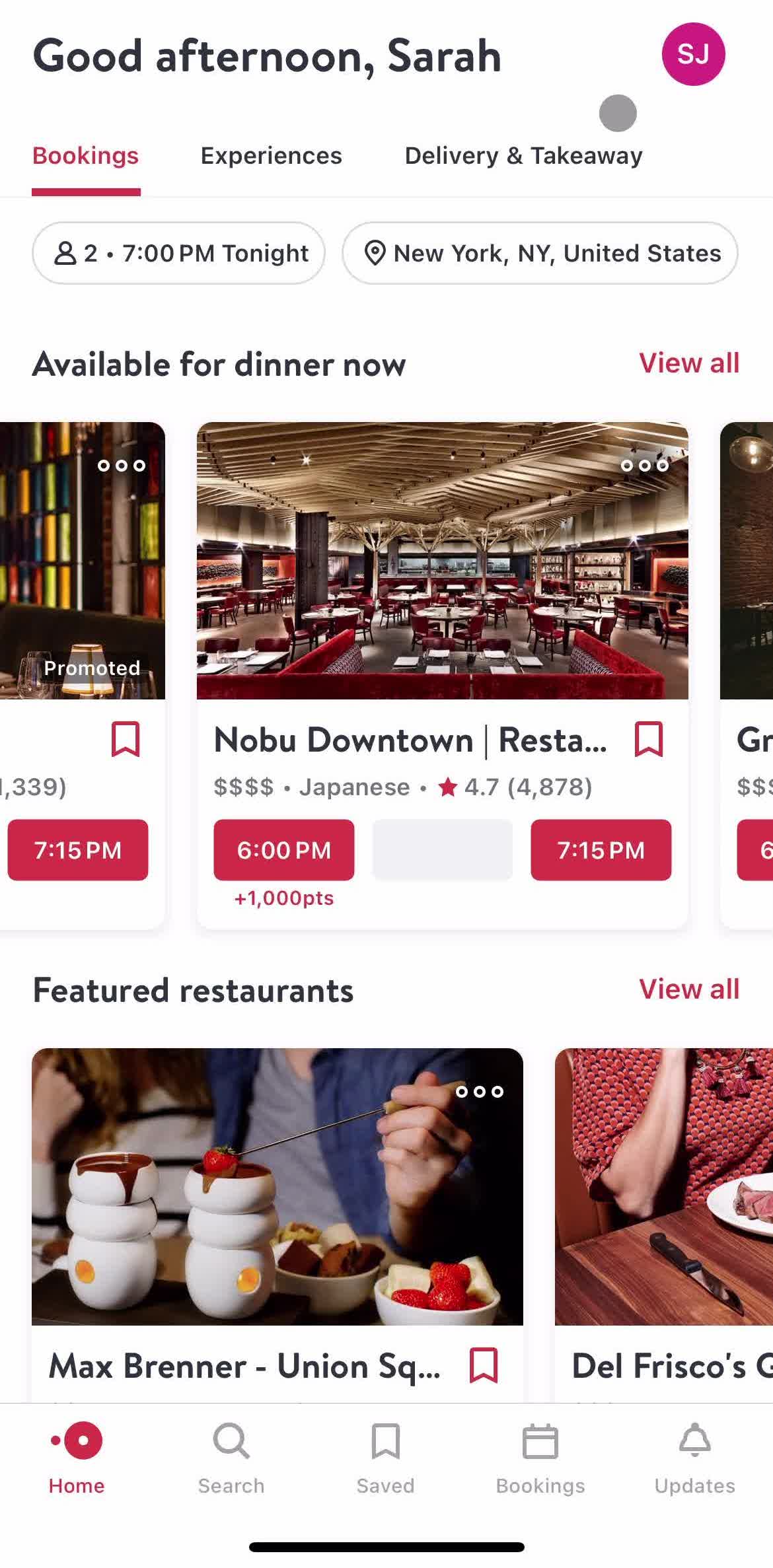 Open Table Home screen in the Updating Your Profile flow
