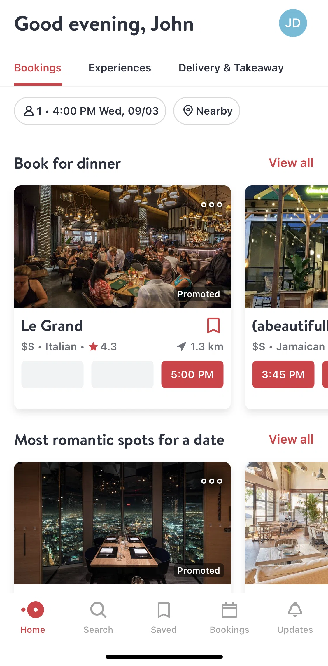 Open Table Screen 1 screen in the View all restaurants for dinner booking flow