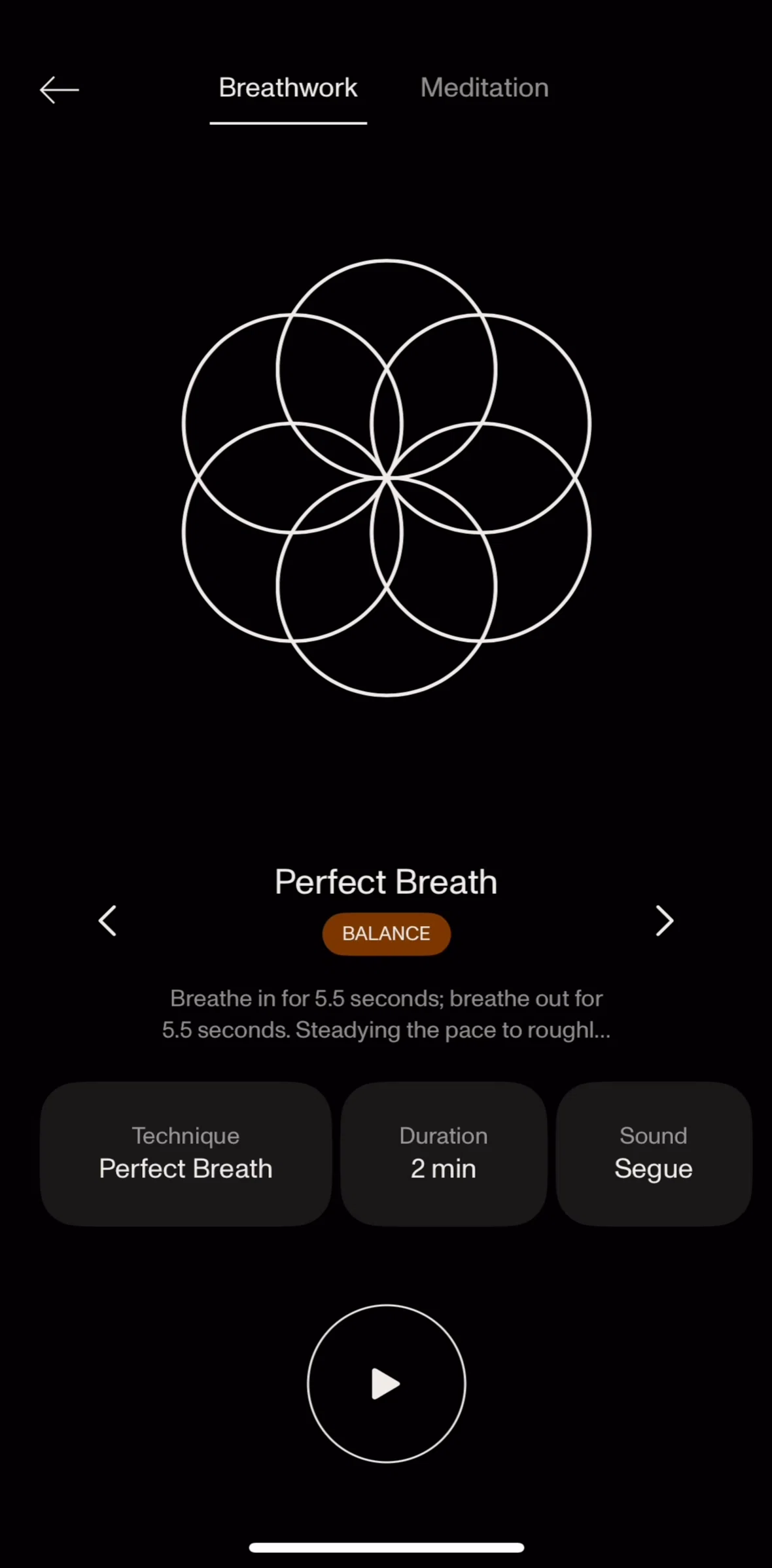 Open Screen screen in the Breathwork technique information flow