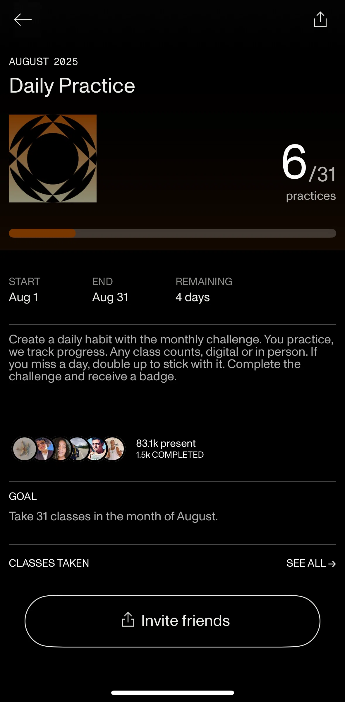 Open Screen screen in the Classes taken flow
