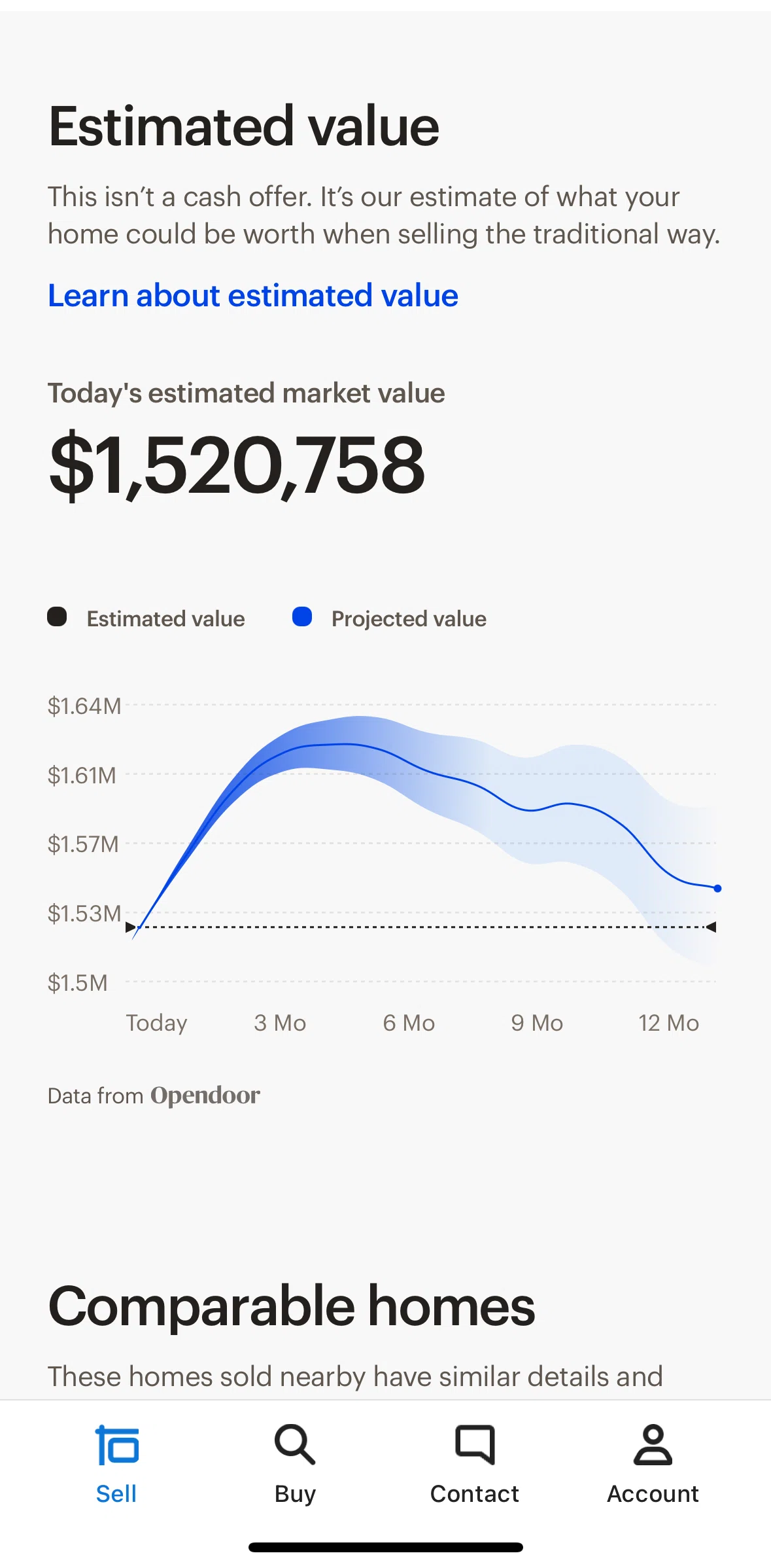 Opendoor Screen screen in the Estimated value info flow