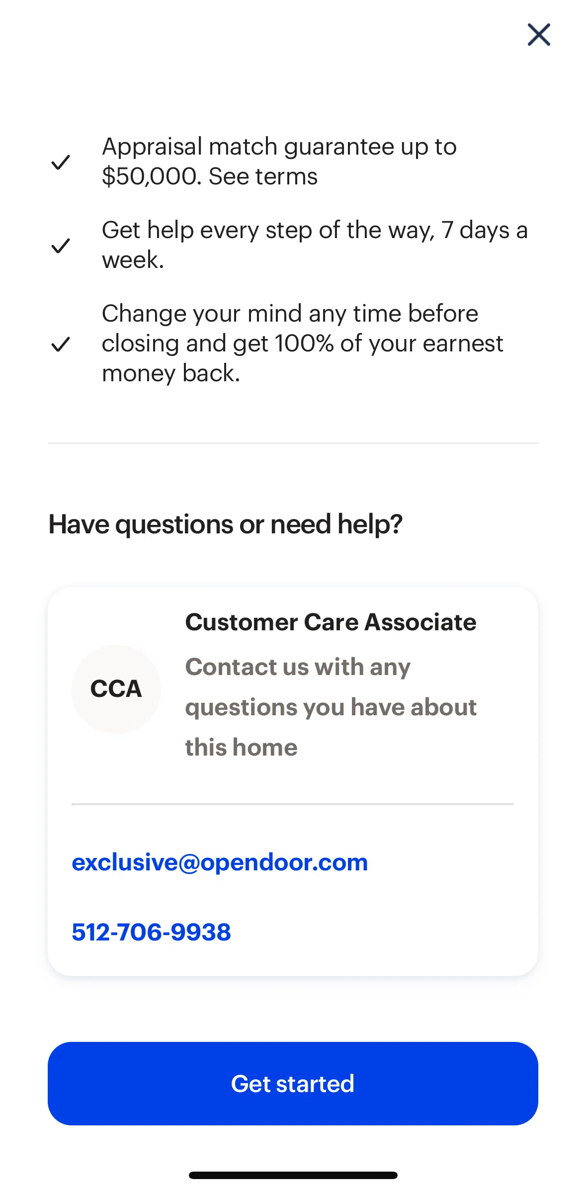 Opendoor Screen screen in the Get started flow