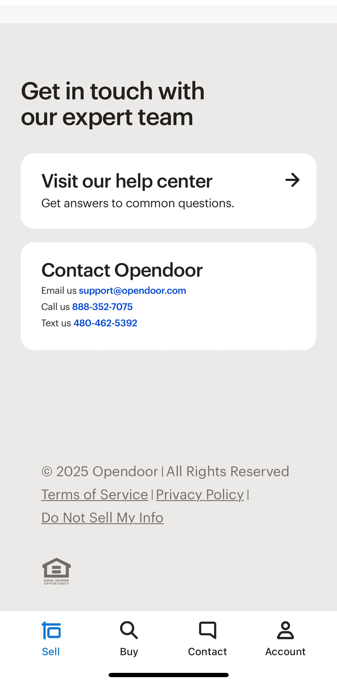 Opendoor Screen screen in the Help center flow