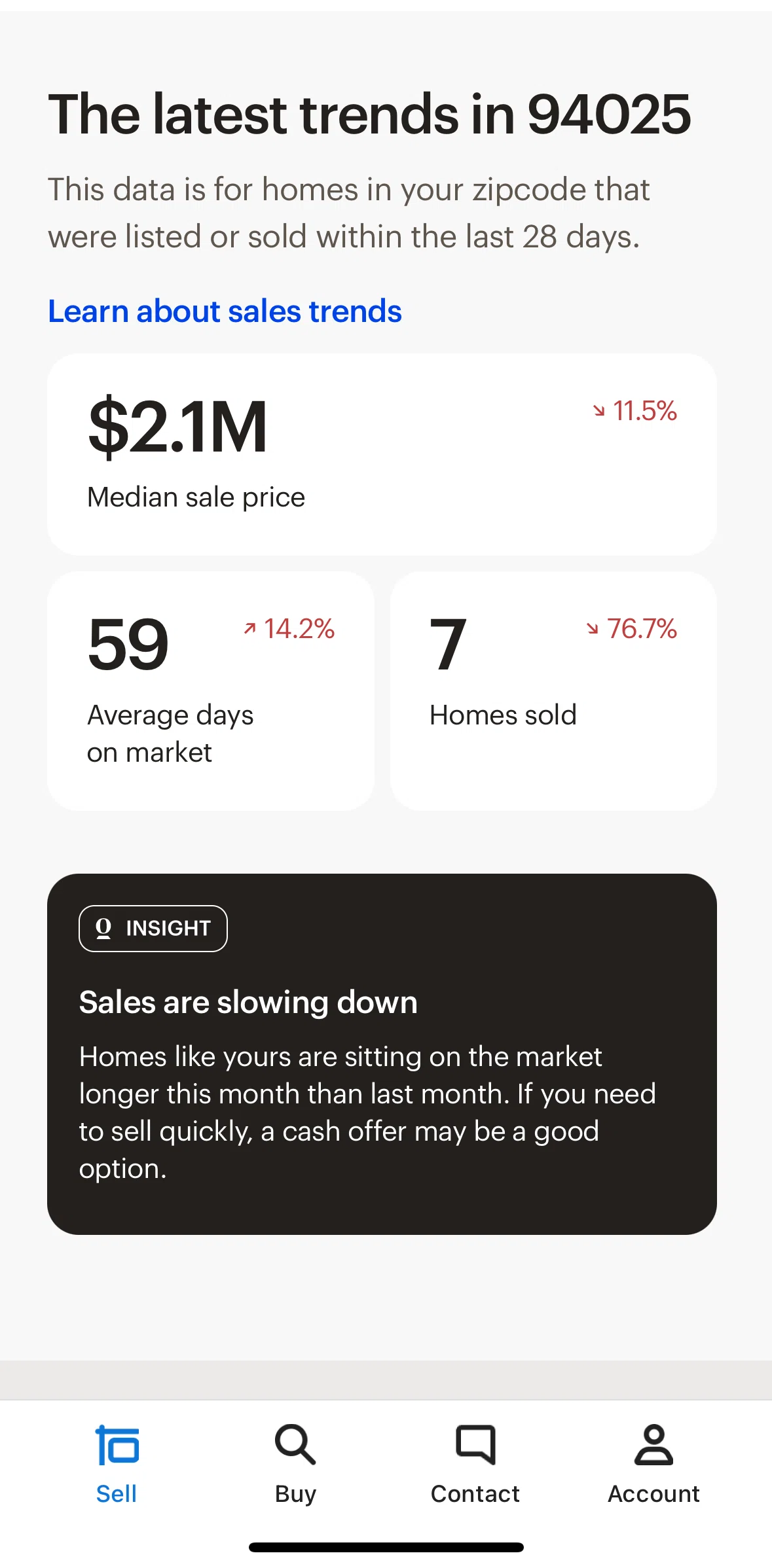 Opendoor Screen screen in the Sales trend info flow