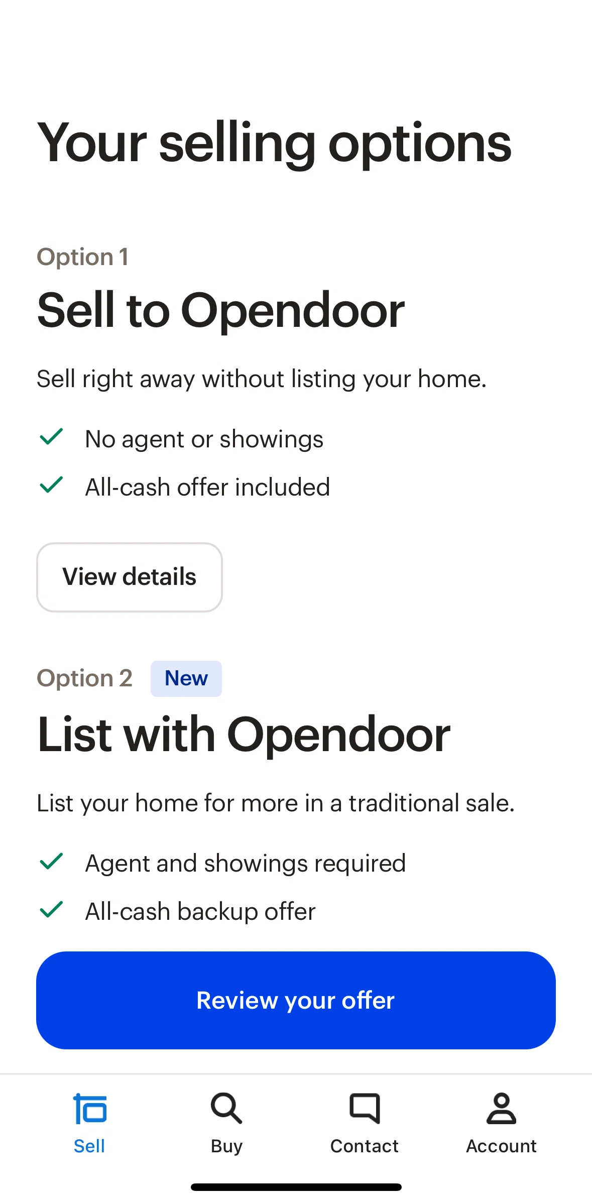 Opendoor Screen screen in the Sell to Opendoor flow