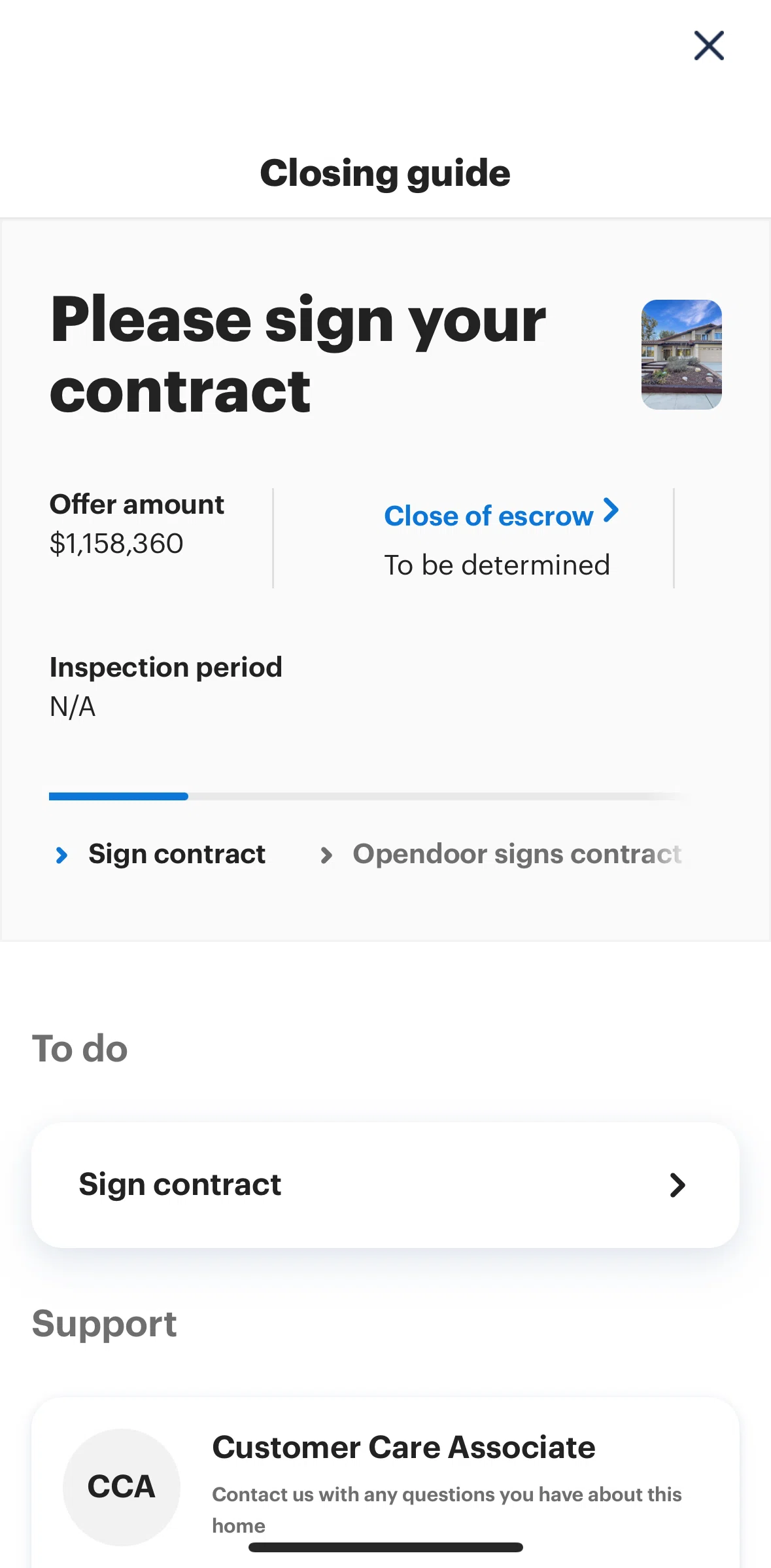 Opendoor Screen screen in the Sign contract flow