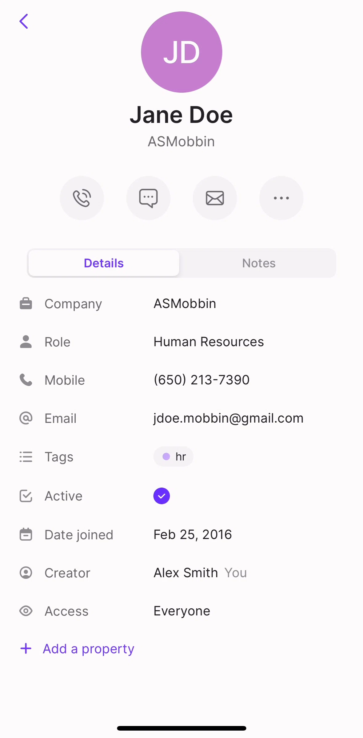 OpenPhone Screen screen in the Adding contact notes flow