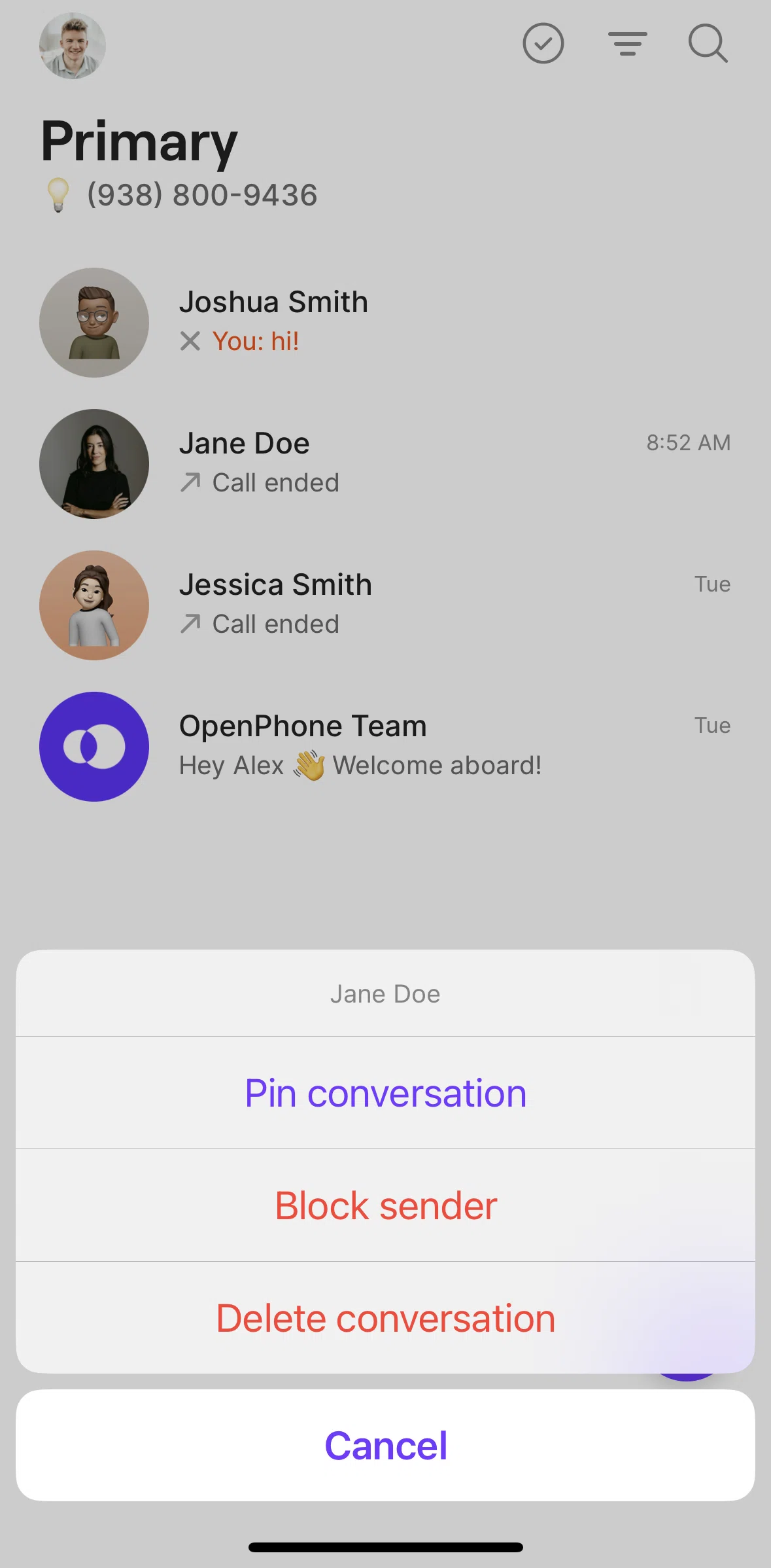 OpenPhone Screen screen in the Blocking a contact flow