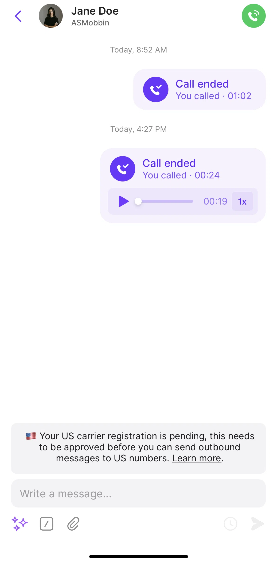 OpenPhone Screen screen in the Commenting in internal thread flow